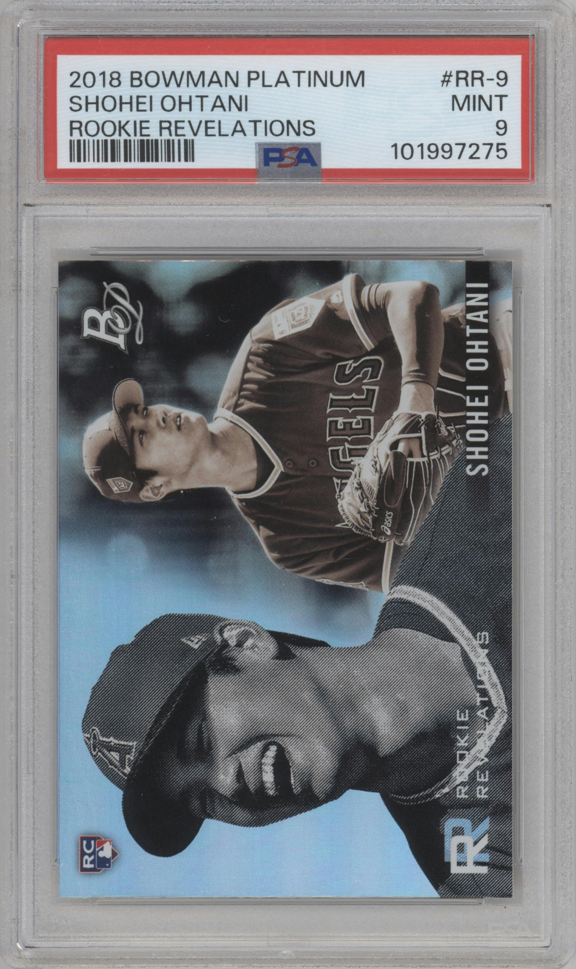 Shohei Ohtani from the 2018 Bowman Platinum set graded by PSA and given an overall grade of 9.