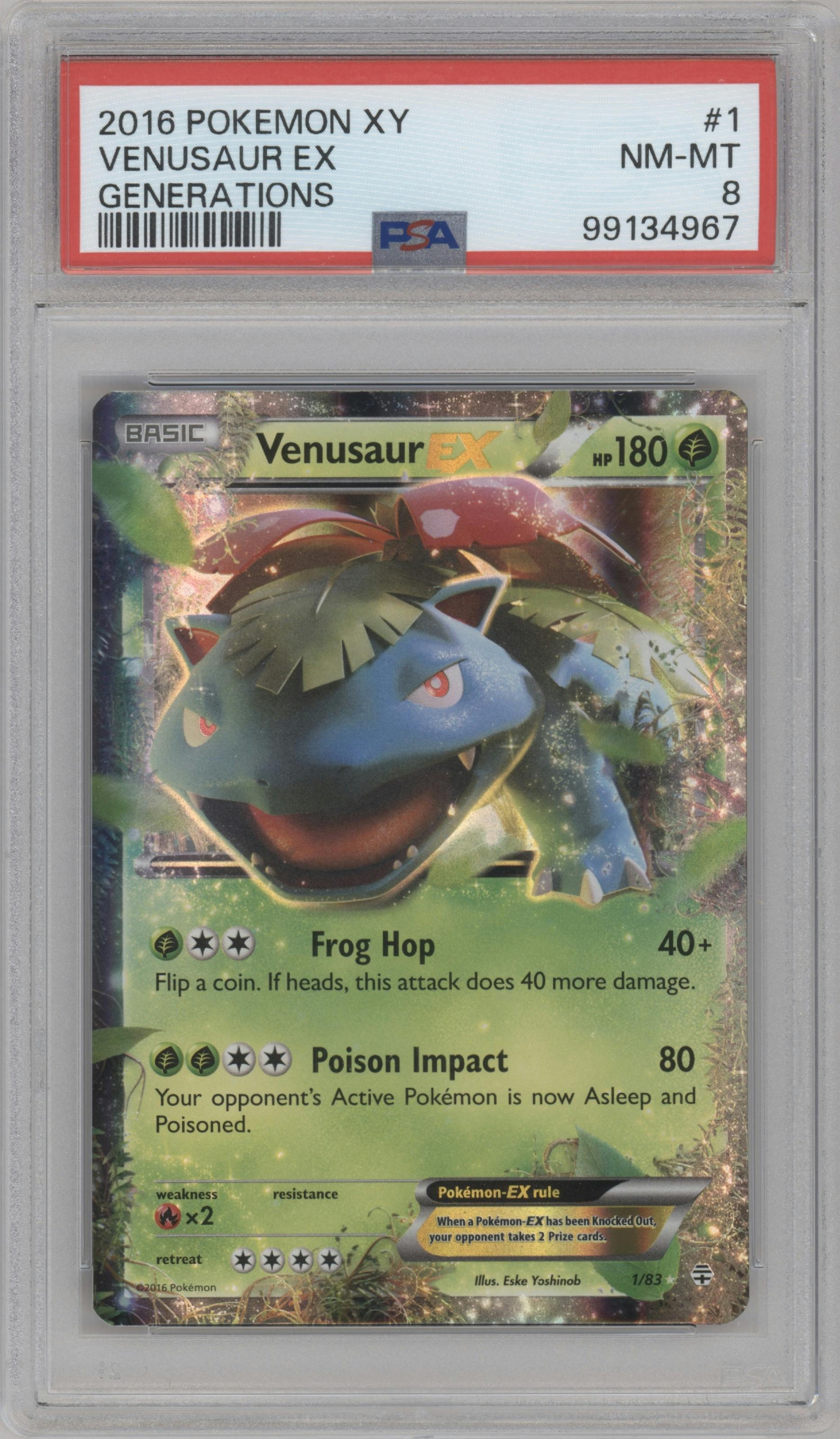 Venusaur EX from the 2016 Pokemon XY set graded by PSA and given an overall grade of 8.
