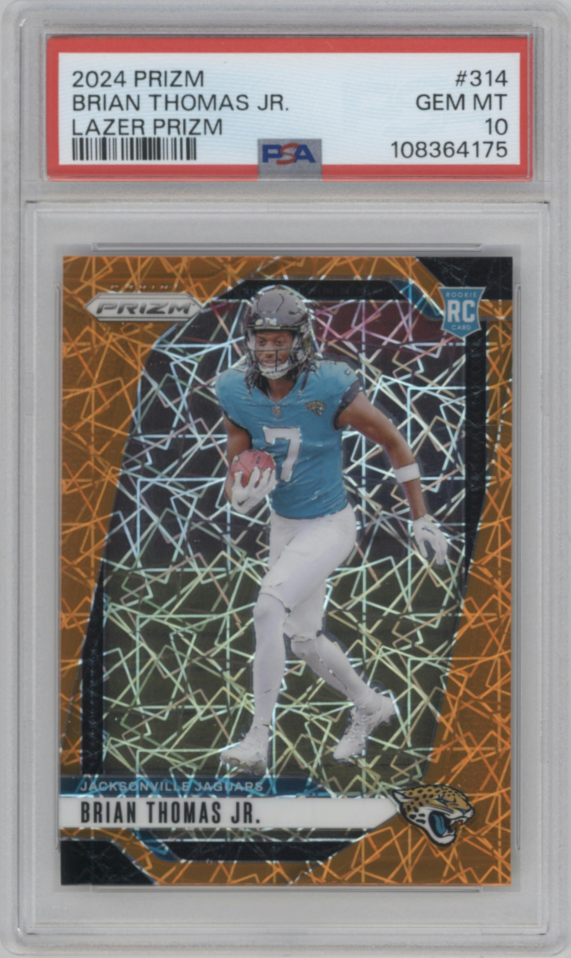 Brian Thomas Jr. from the 2024 Panini Prizm set featuring a Lazer Prizm parallel graded by PSA and given an overall grade of 10.