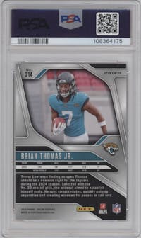 Brian Thomas Jr. from the 2024 Panini Prizm set featuring a Lazer Prizm parallel graded by PSA and given an overall grade of 10.