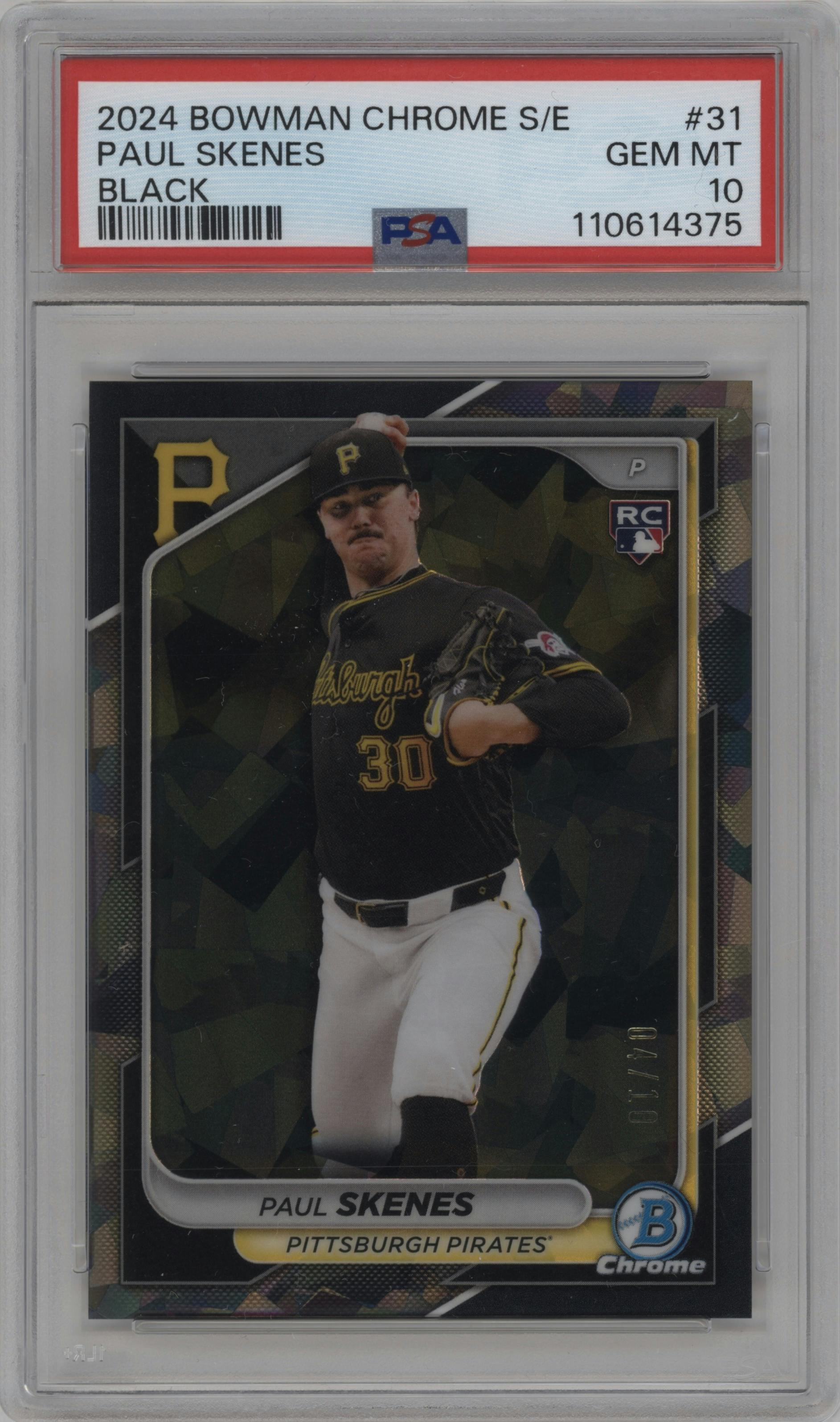 Paul Skenes from the 2024 Bowman Chrome Sapphire set featuring a Black parallel graded by PSA and given an overall grade of 10.