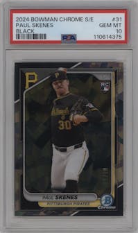 Paul Skenes from the 2024 Bowman Chrome Sapphire set featuring a Black parallel graded by PSA and given an overall grade of 10.