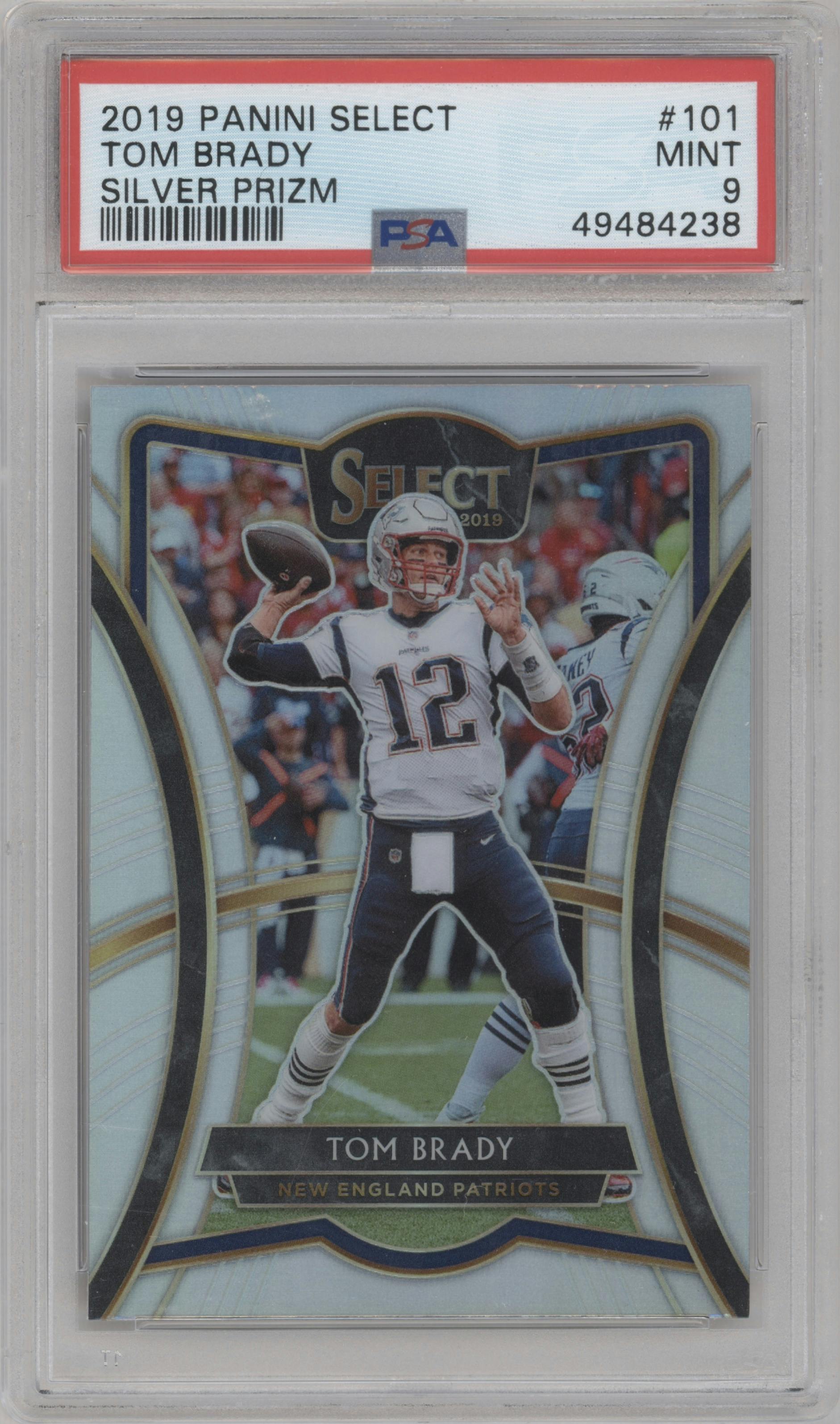 Tom Brady from the 2019 Panini Select  set featuring a Silver Prizm parallel graded by PSA and given an overall grade of 9.