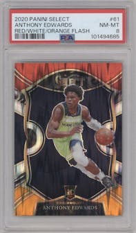 Anthony Edwards from the 2020-21 Panini Select  set featuring a Red/White/Orange Flash parallel graded by PSA and given an overall grade of 8.