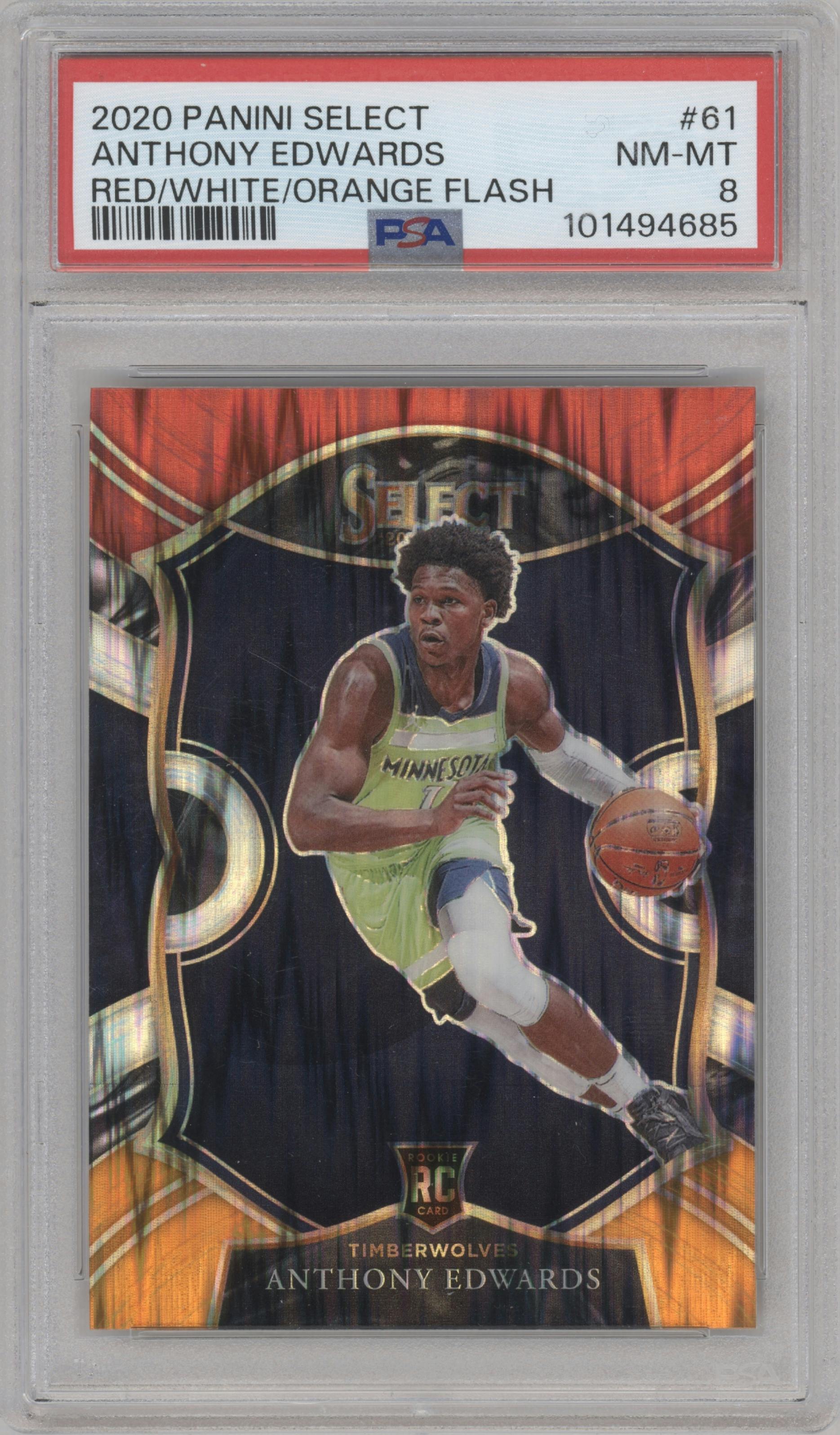Anthony Edwards from the 2020-21 Panini Select  set featuring a Red/White/Orange Flash parallel graded by PSA and given an overall grade of 8.