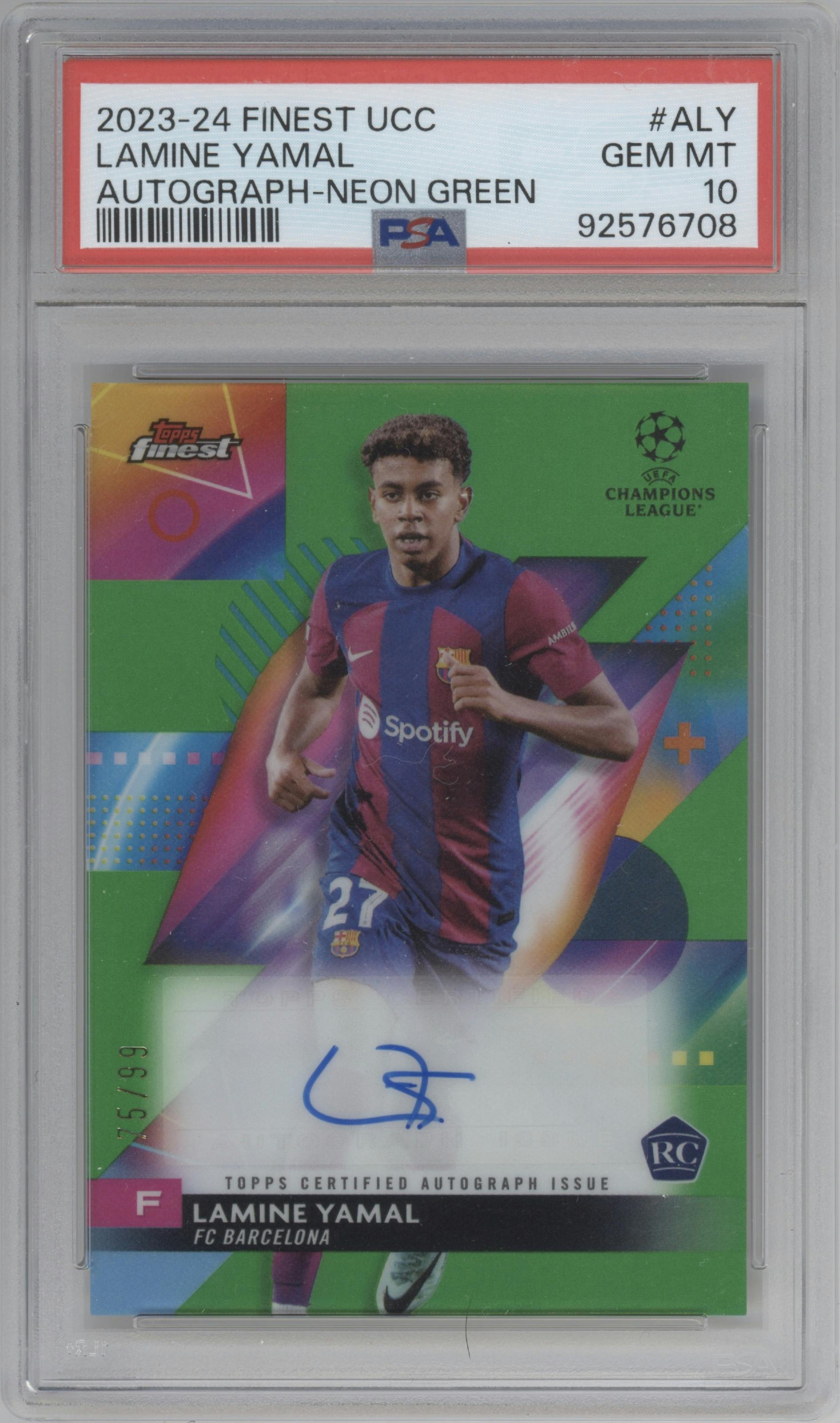 Lamine Yamal from the 2023-24 Topps Finest UEFA Club Competitions set featuring a Neon Green Refractor parallel graded by PSA and given an overall grade of 10.