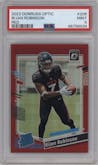 Bijan Robinson from the 2023 Donruss Optic set featuring a Red parallel graded by PSA and given an overall grade of 9.