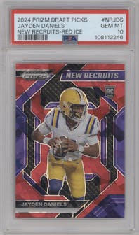 Jayden Daniels from the 2024 Panini Prizm Draft Picks set featuring a Red Ice parallel graded by PSA and given an overall grade of 10.