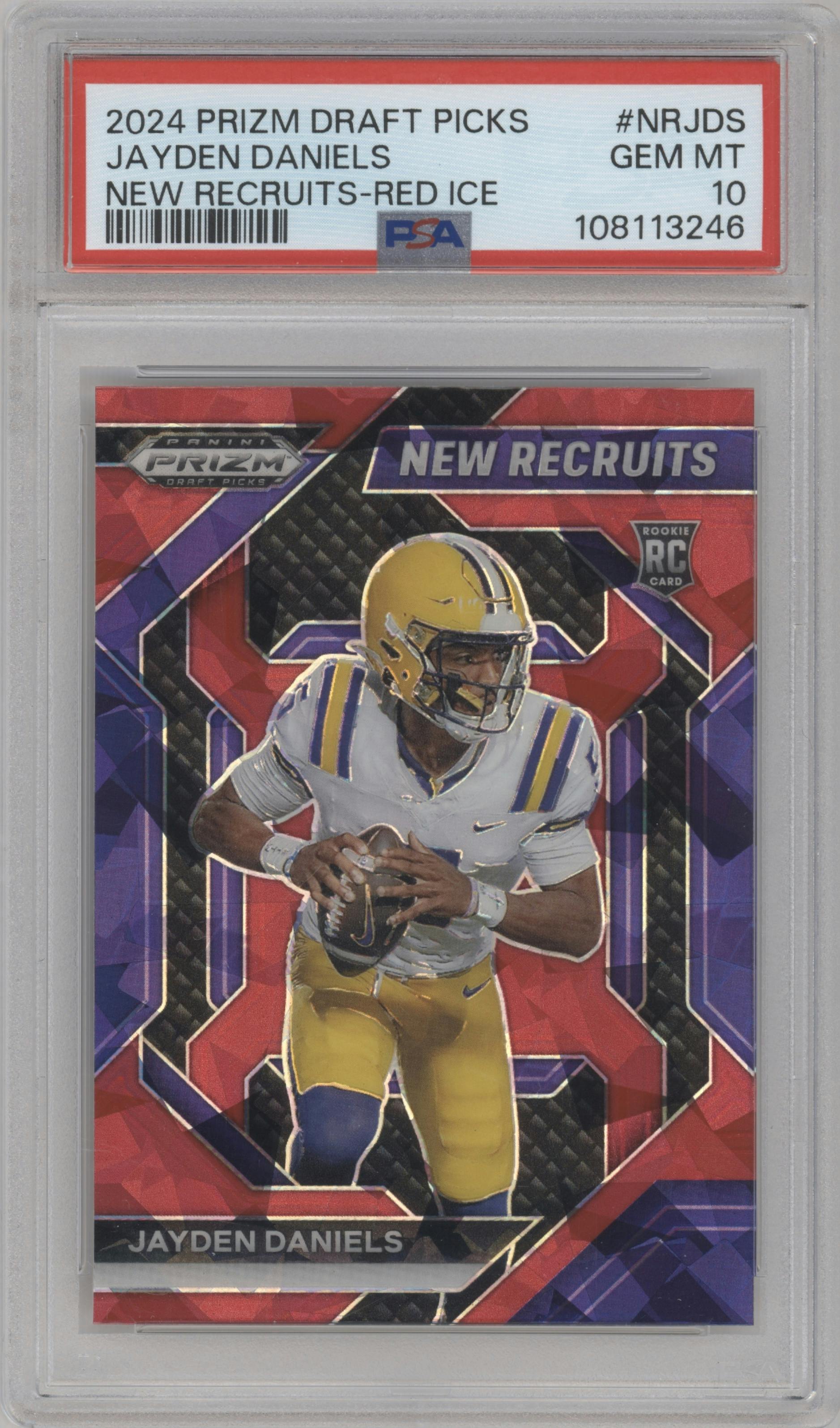 Jayden Daniels from the 2024 Panini Prizm Draft Picks set featuring a Red Ice parallel graded by PSA and given an overall grade of 10.