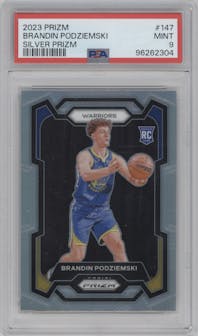 Brandin Podziemski from the 2023-24 Panini Prizm set featuring a Silver Prizm  parallel graded by PSA and given an overall grade of 9.