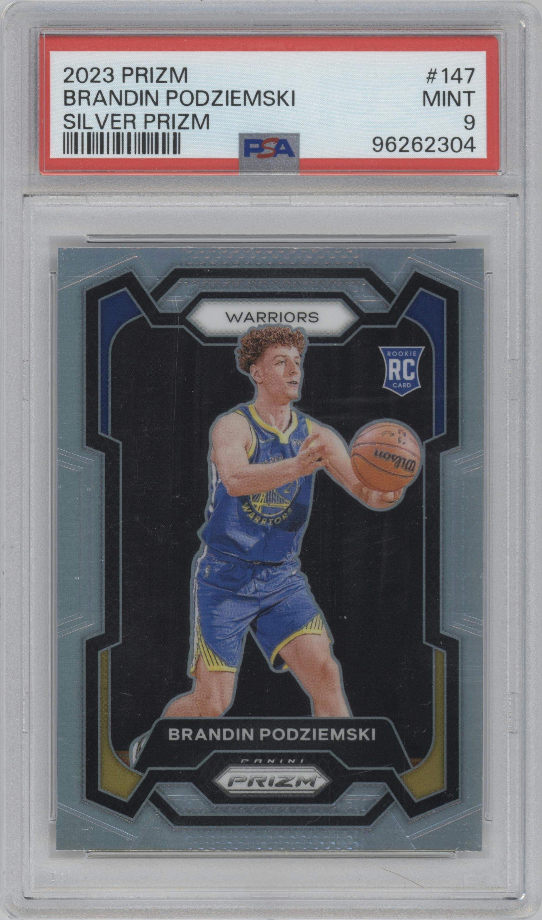 Brandin Podziemski from the 2023-24 Panini Prizm set featuring a Silver Prizm  parallel graded by PSA and given an overall grade of 9.