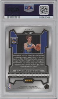 Brandin Podziemski from the 2023-24 Panini Prizm set featuring a Silver Prizm  parallel graded by PSA and given an overall grade of 9.