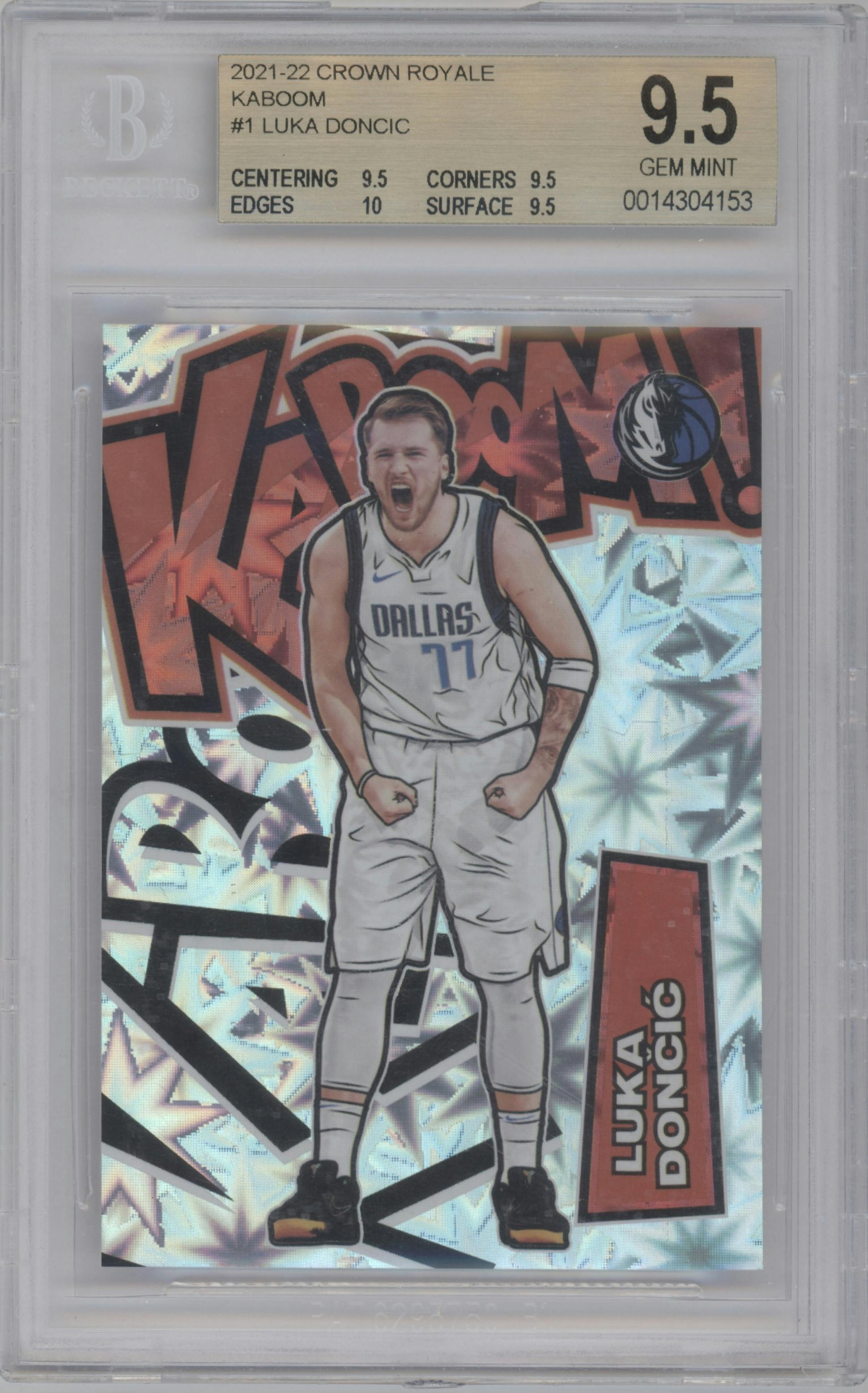 Luka Doncic from the 2021-22 Crown Royale set graded by Beckett and given an overall grade of 9.5.