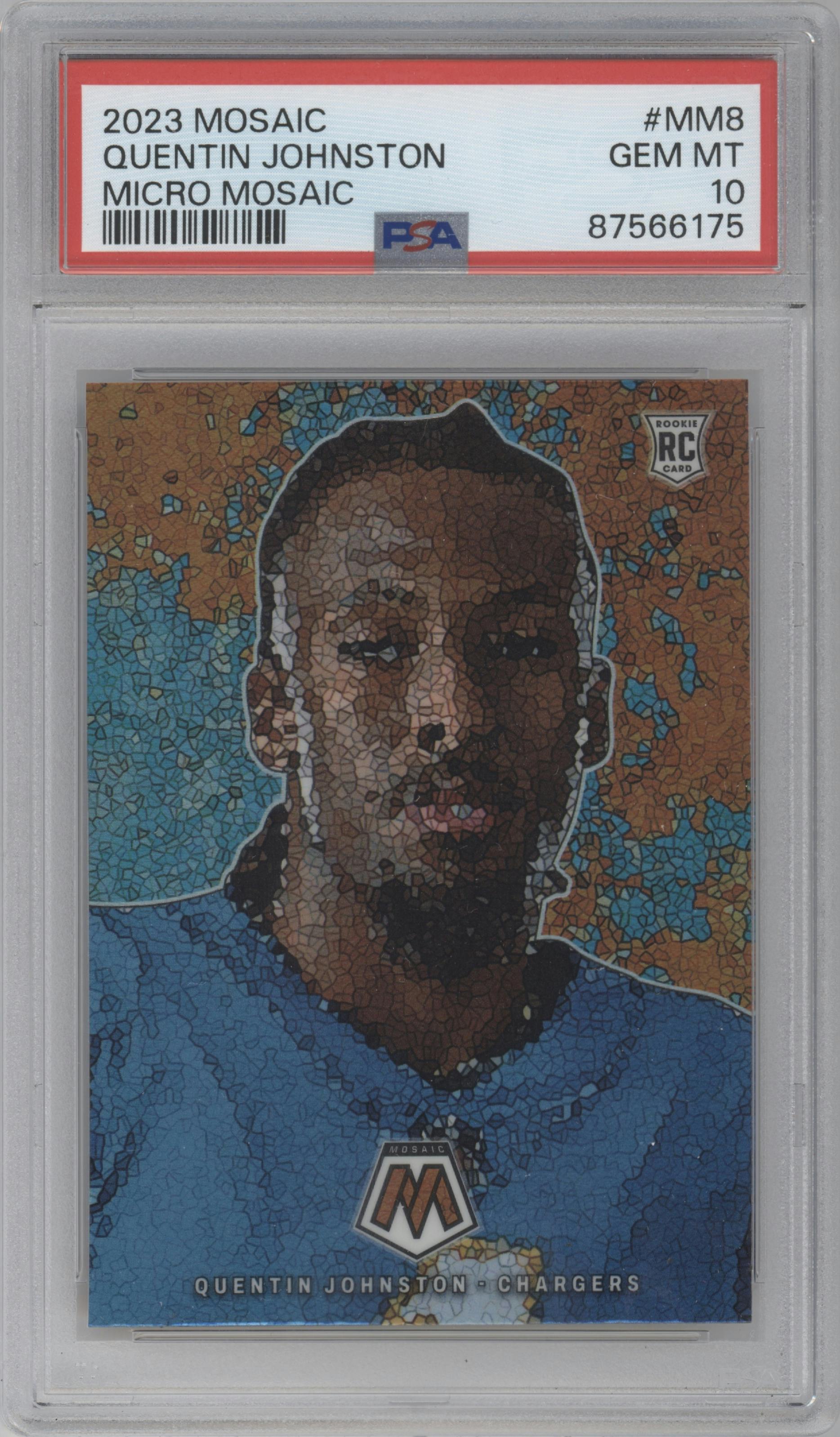 Quentin Johnston from the 2023 Panini Mosaic set graded by PSA and given an overall grade of 10.