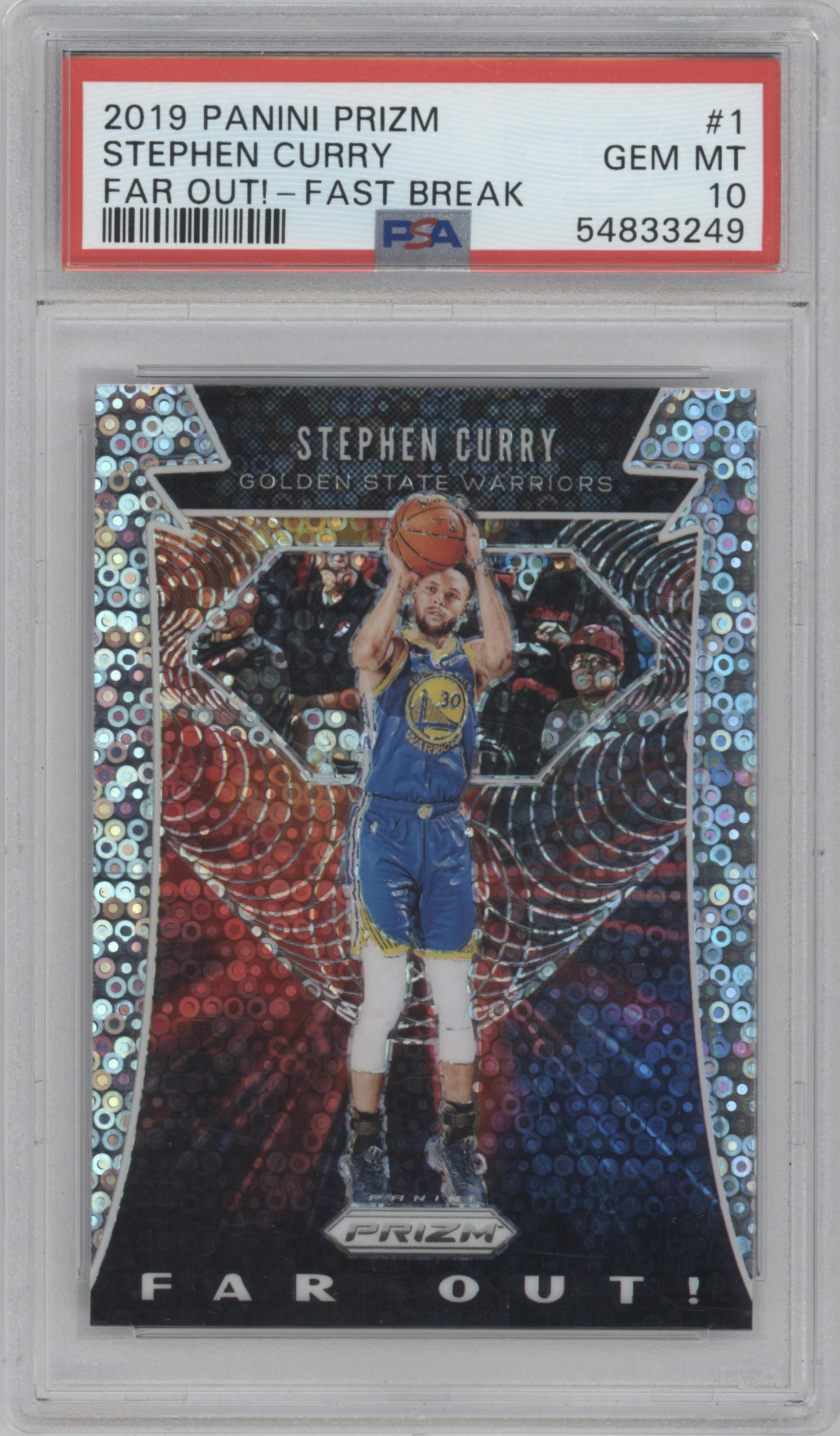Stephen Curry from the 2019-20 Panini Prizm set featuring a Fast Break parallel graded by PSA and given an overall grade of 10.