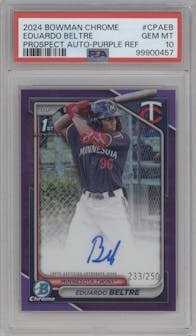 Eduardo Beltre from the 2024 Bowman Chrome set featuring a Purple Refractor parallel graded by PSA and given an overall grade of 10.