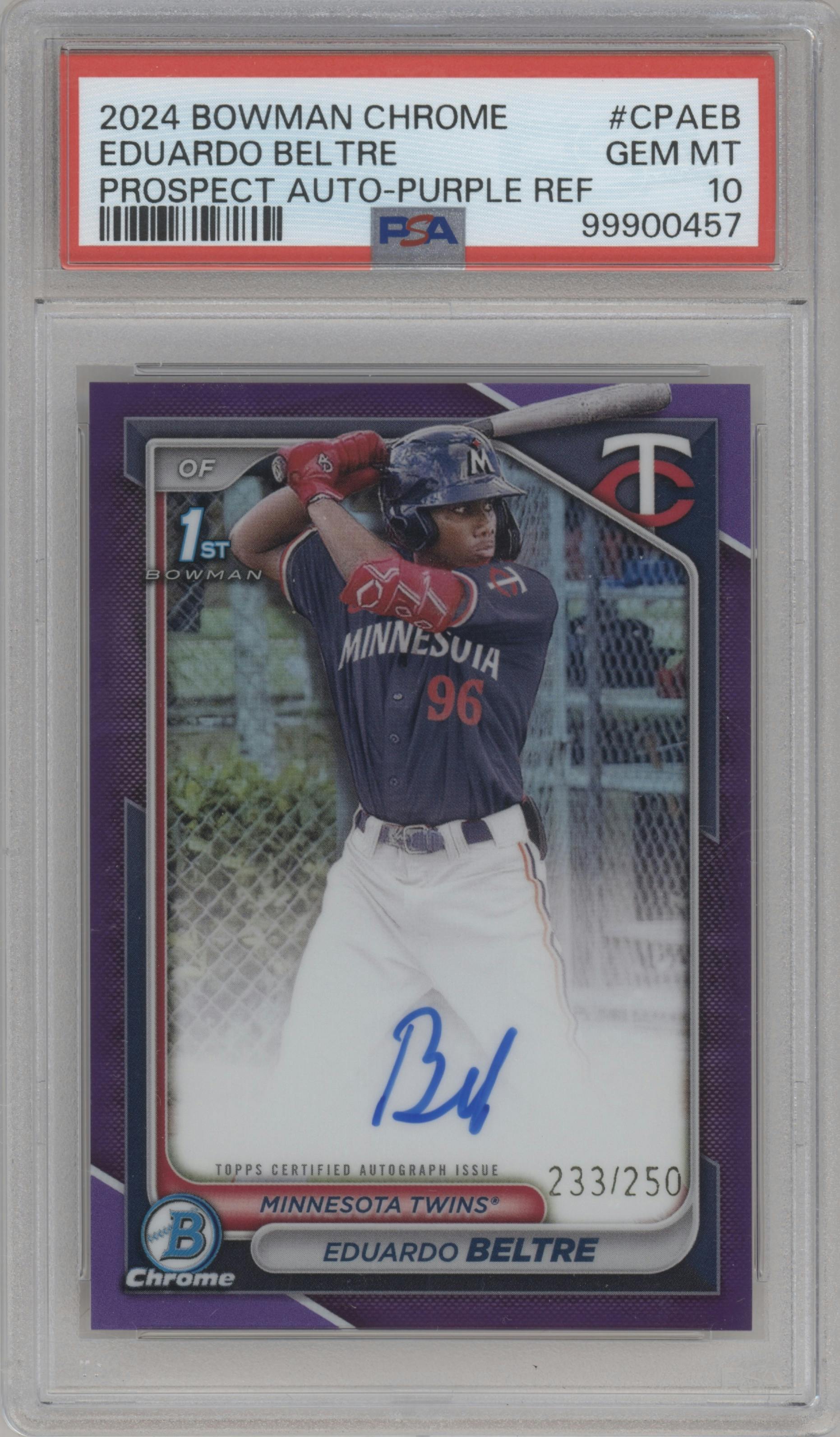 Eduardo Beltre from the 2024 Bowman Chrome set featuring a Purple Refractor parallel graded by PSA and given an overall grade of 10.