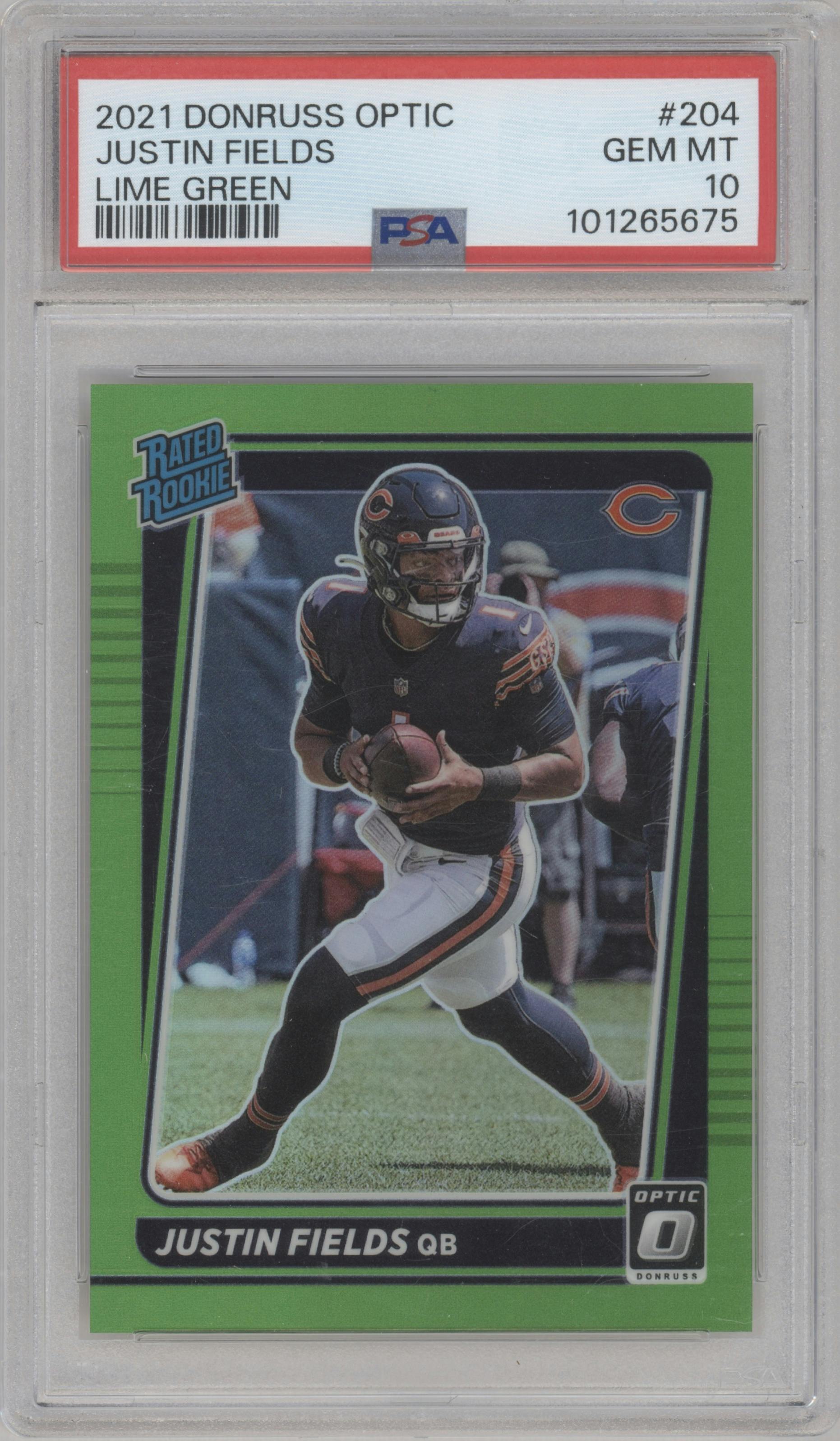 Justin Fields from the 2021 Panini Donruss Optic set featuring a Lime Green parallel graded by PSA and given an overall grade of 10.