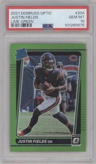 Justin Fields from the 2021 Panini Donruss Optic set featuring a Lime Green parallel graded by PSA and given an overall grade of 10.