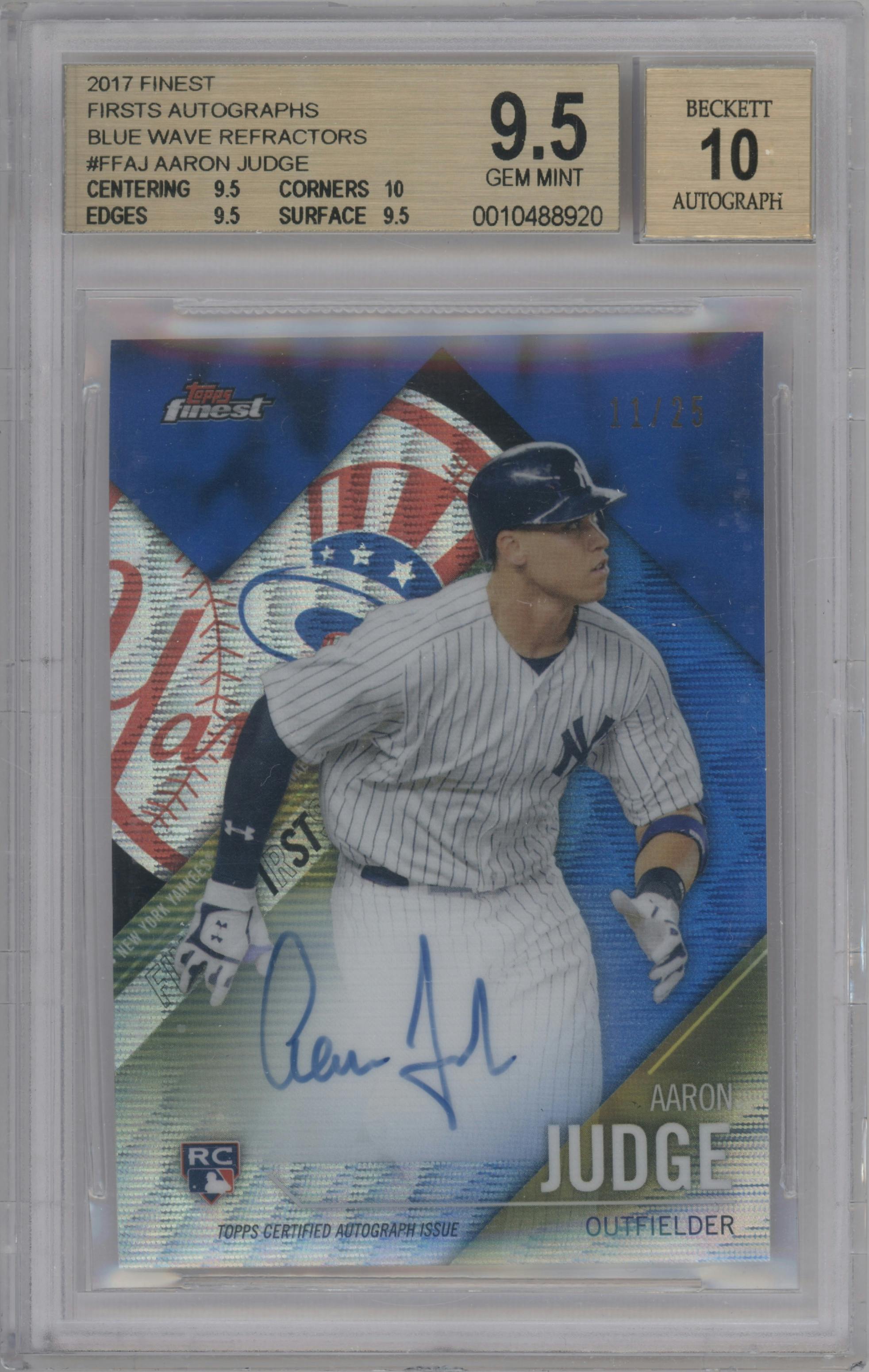 Aaron Judge from the 2017 Topps Finest set featuring a Blue Wave Refractor parallel graded by Beckett and given an overall grade of 9.5.