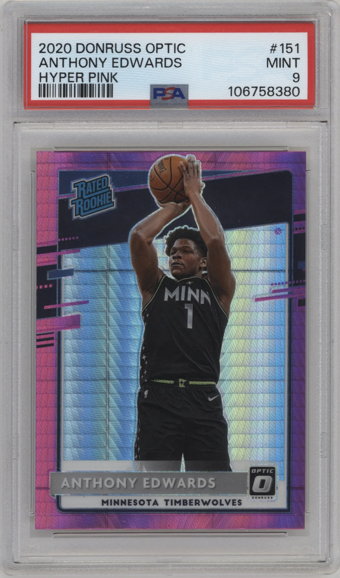 2020 Panini Donruss Optic Rated Rookie Anthony Edwards Hyper Pink PSA 9