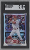 Spencer Steer from the 2023 Topps Chrome set featuring a Prism Refractor parallel graded by SGC and given an overall grade of 9.5.