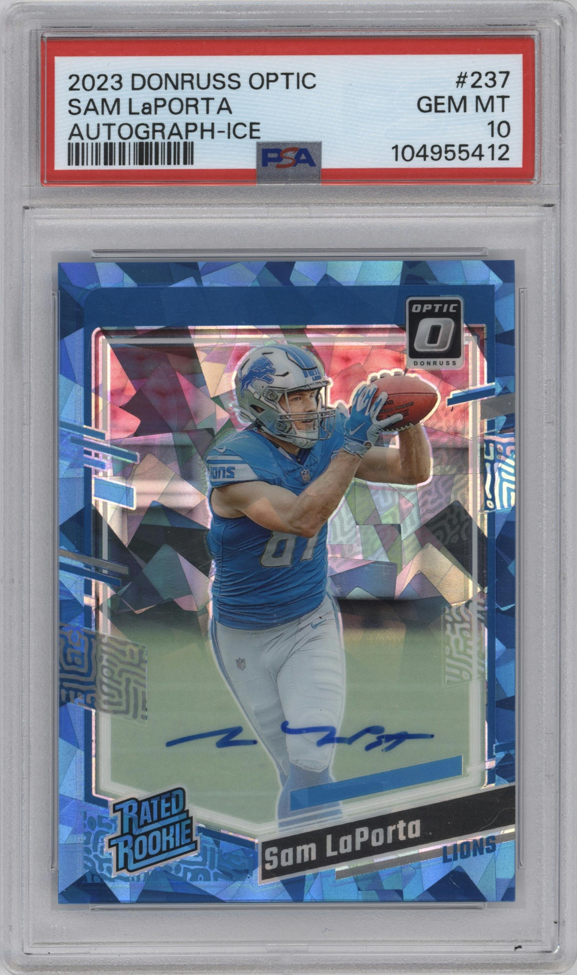 Sam LaPorta from the 2023 Donruss Optic set featuring a Ice parallel graded by PSA and given an overall grade of 10.
