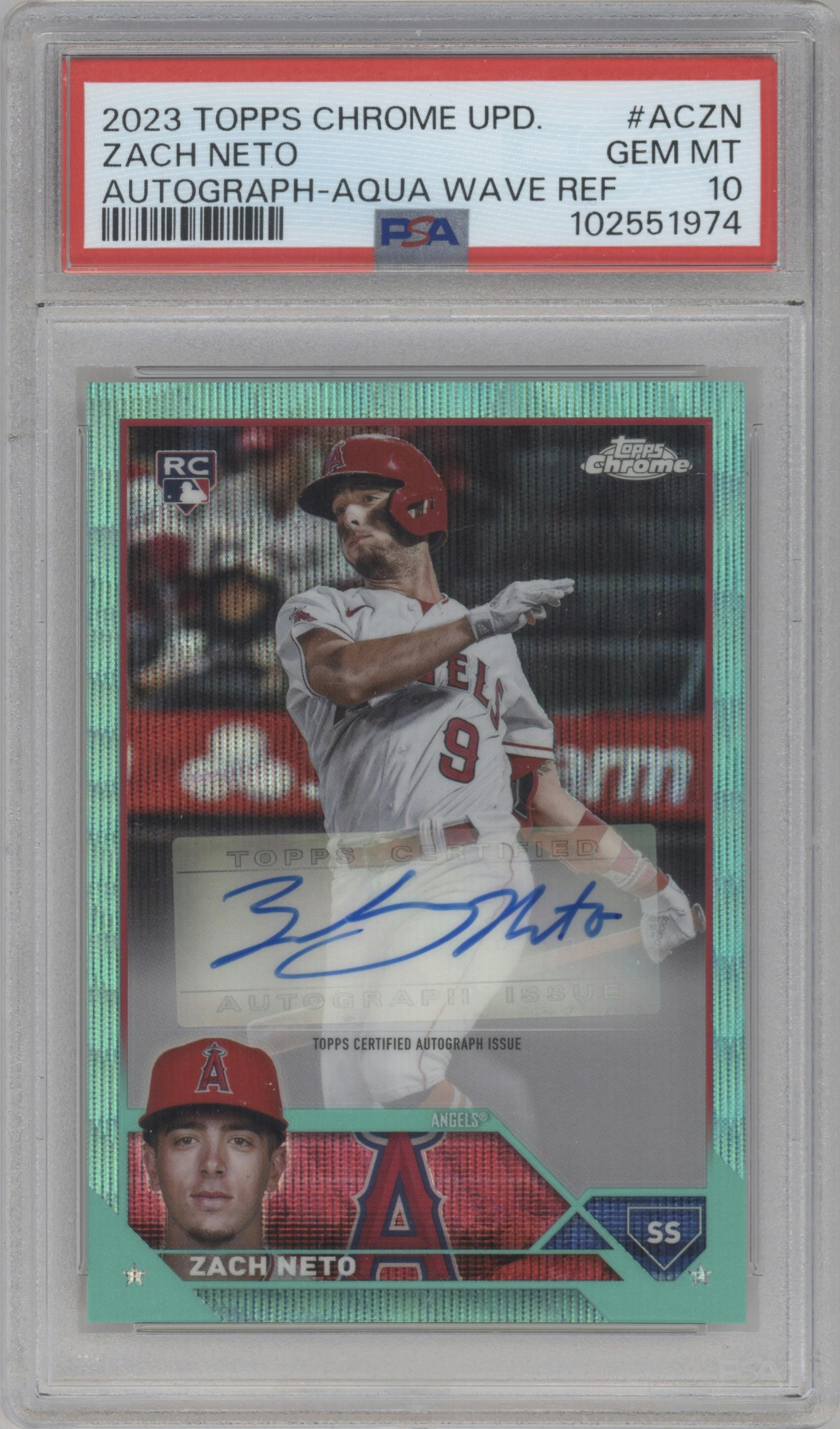 Zach Neto from the 2023 Topps Chrome Update set featuring a Aqua Wave Refractor parallel graded by PSA and given an overall grade of 10.
