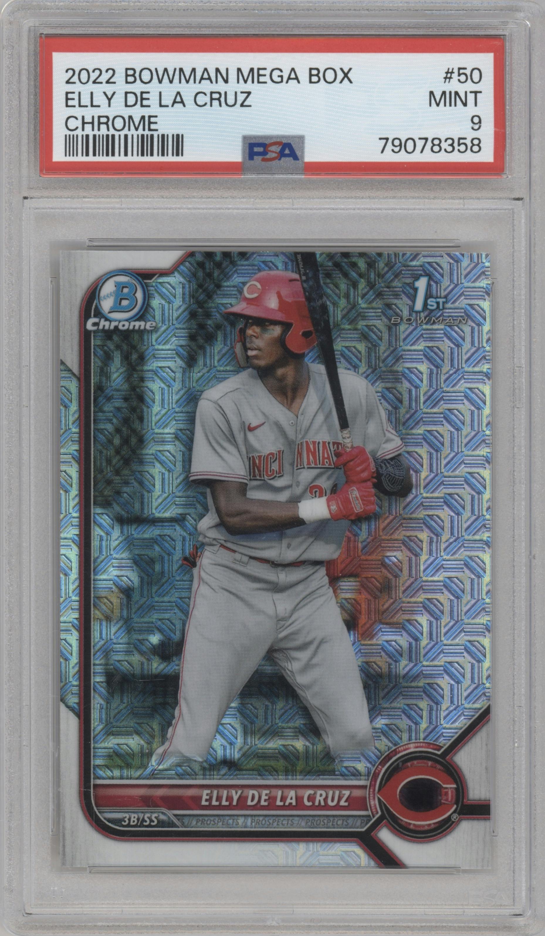 Elly De La Cruz from the 2022 Bowman Mega Box set graded by PSA and given an overall grade of 9.