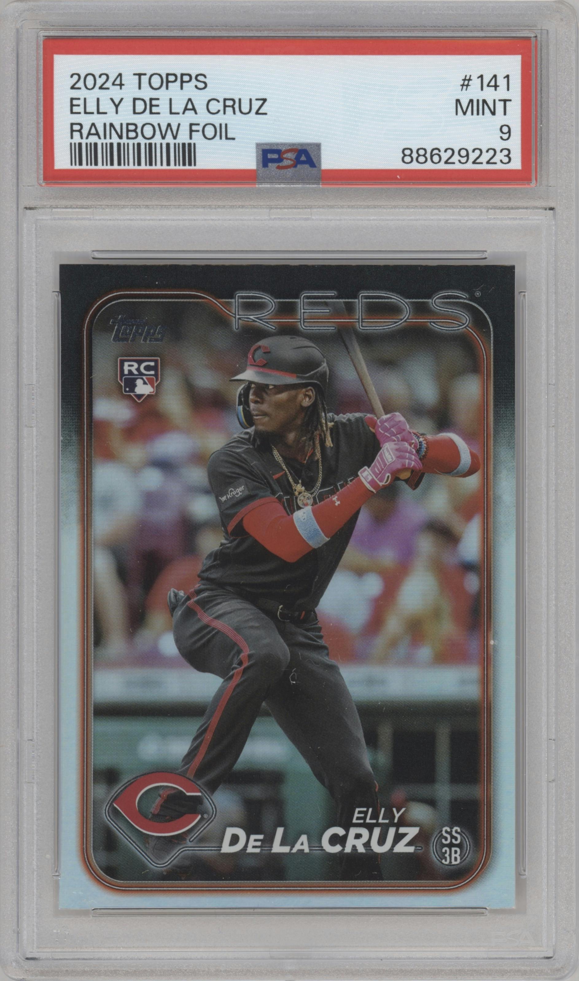 Elly De La Cruz from the 2024 Topps  set featuring a Rainbow Foil parallel graded by PSA and given an overall grade of 9.