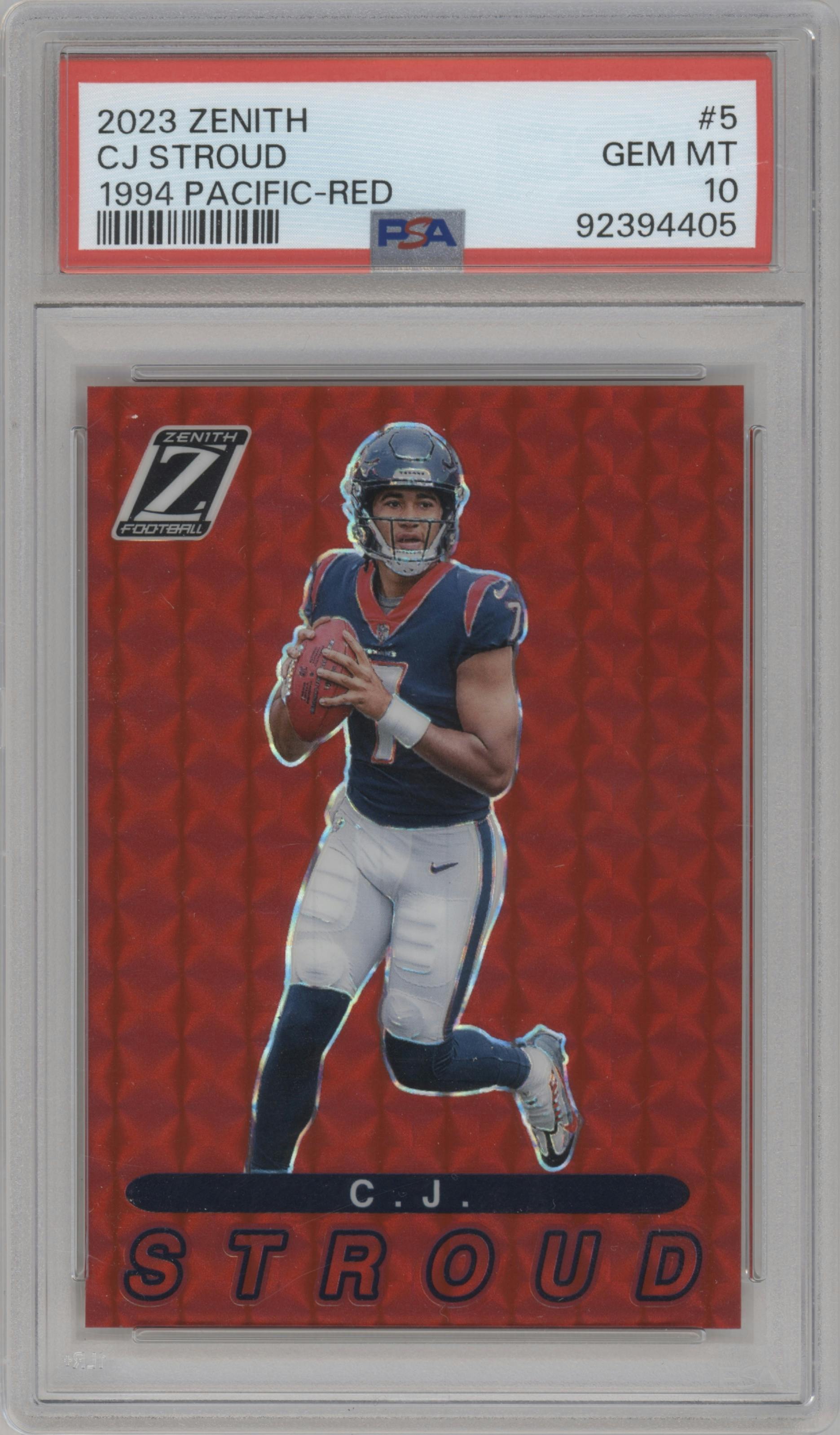 C.J. Stroud from the 2023 Panini Zenith set featuring a Red parallel graded by PSA and given an overall grade of 10.