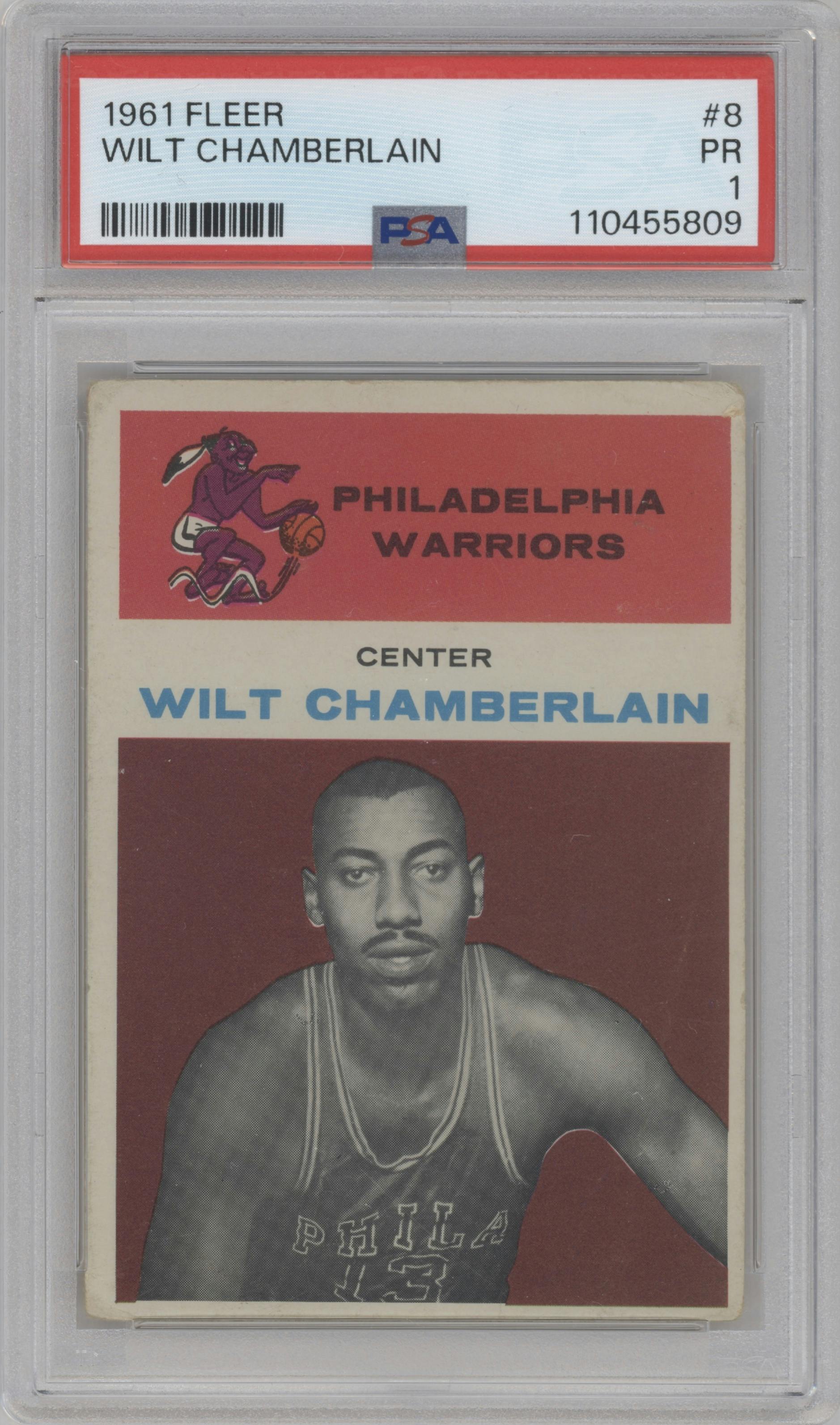 Wilt Chamberlain from the 1961 Fleer set graded by PSA and given an overall grade of 1.