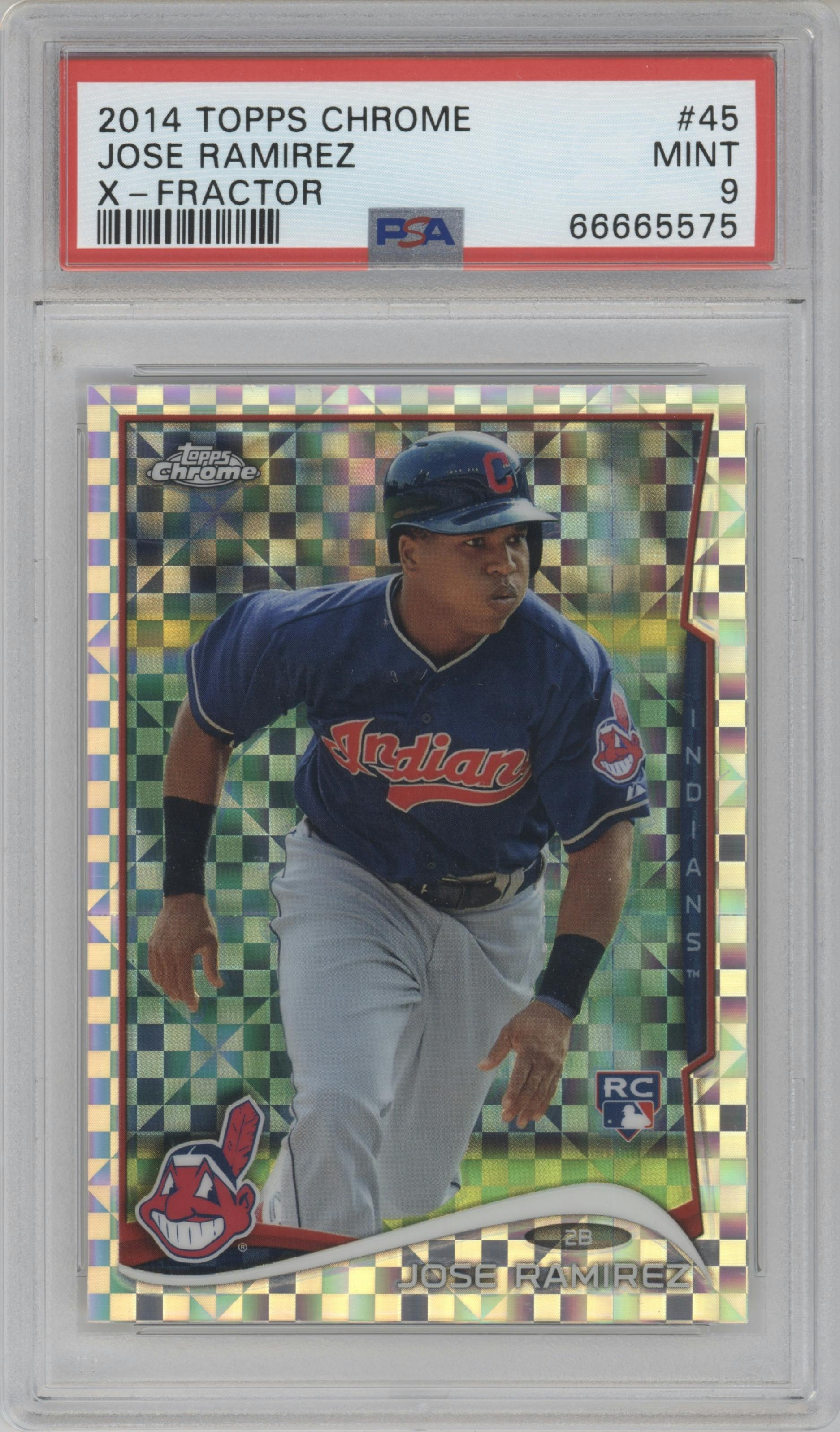 Jose Ramirez  from the 2014 Topps Chrome set featuring a X-Fractor parallel graded by PSA and given an overall grade of 9.