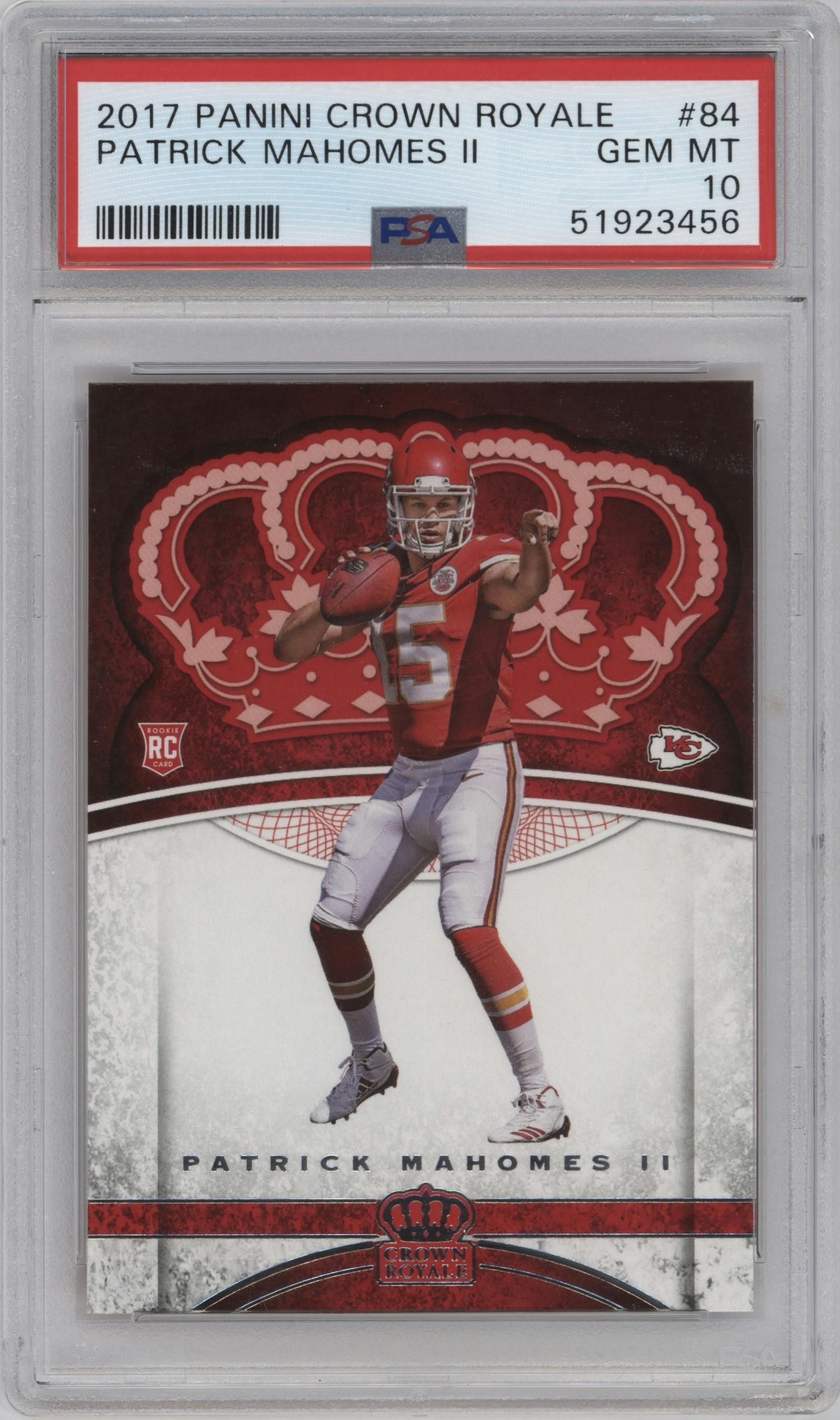 Patrick Mahomes II from the 2017 Panini Crown Royale set graded by PSA and given an overall grade of 10.
