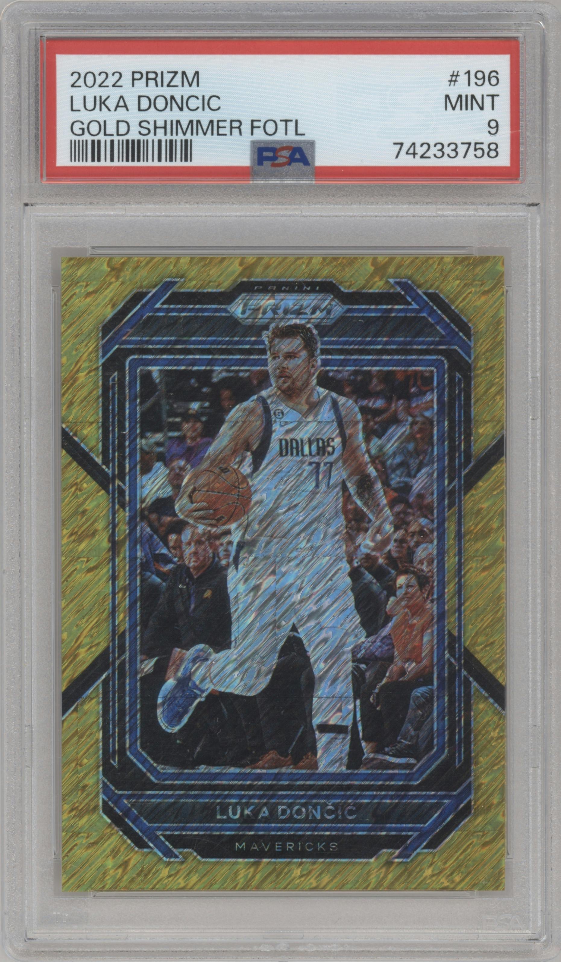 Luka Doncic from the 2022-23 Panini Prizm  set featuring a Gold Shimmer parallel graded by PSA and given an overall grade of 9.