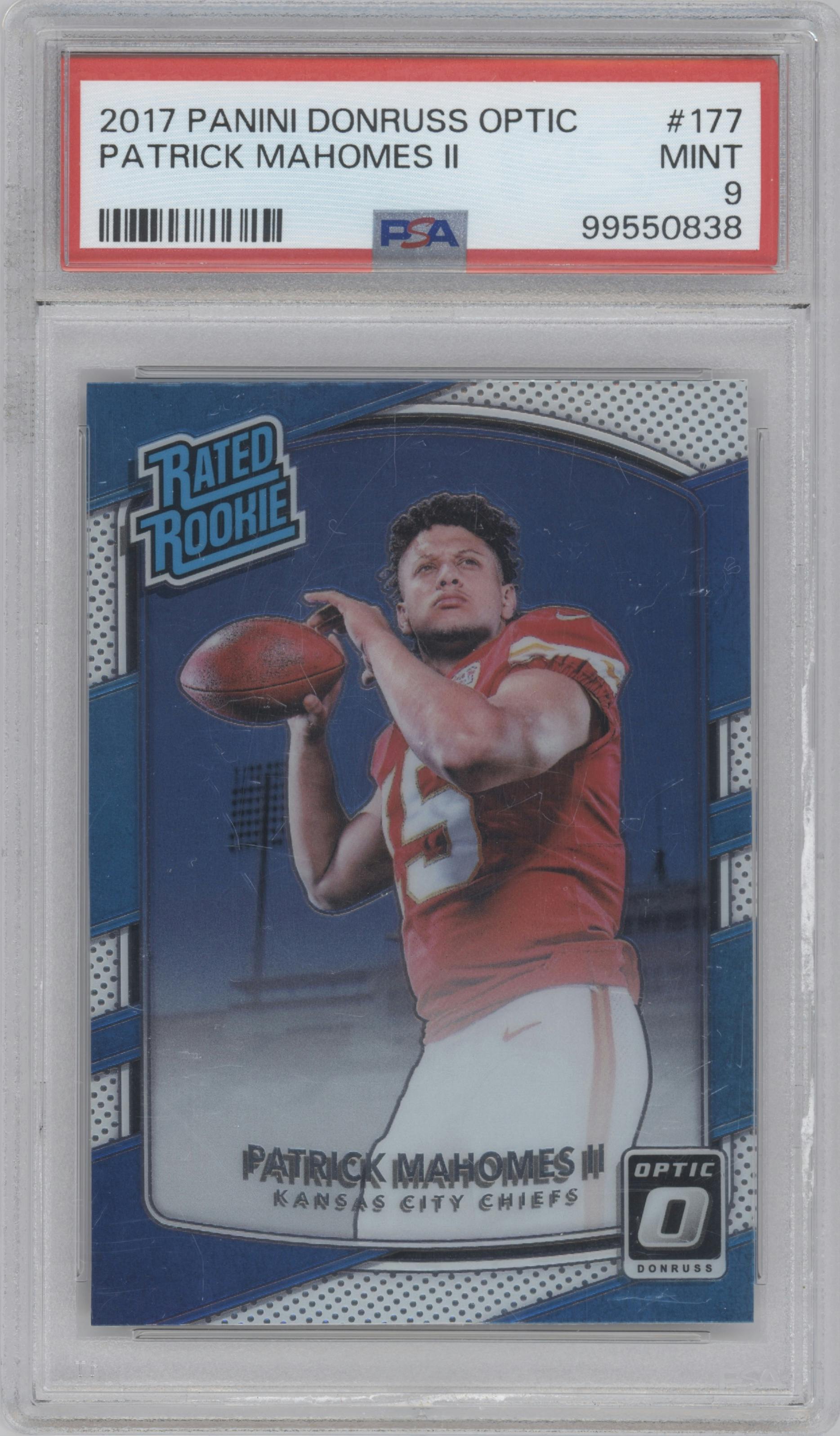 Patrick Mahomes II from the 2017 Panini Donruss Optic set graded by PSA and given an overall grade of 9.