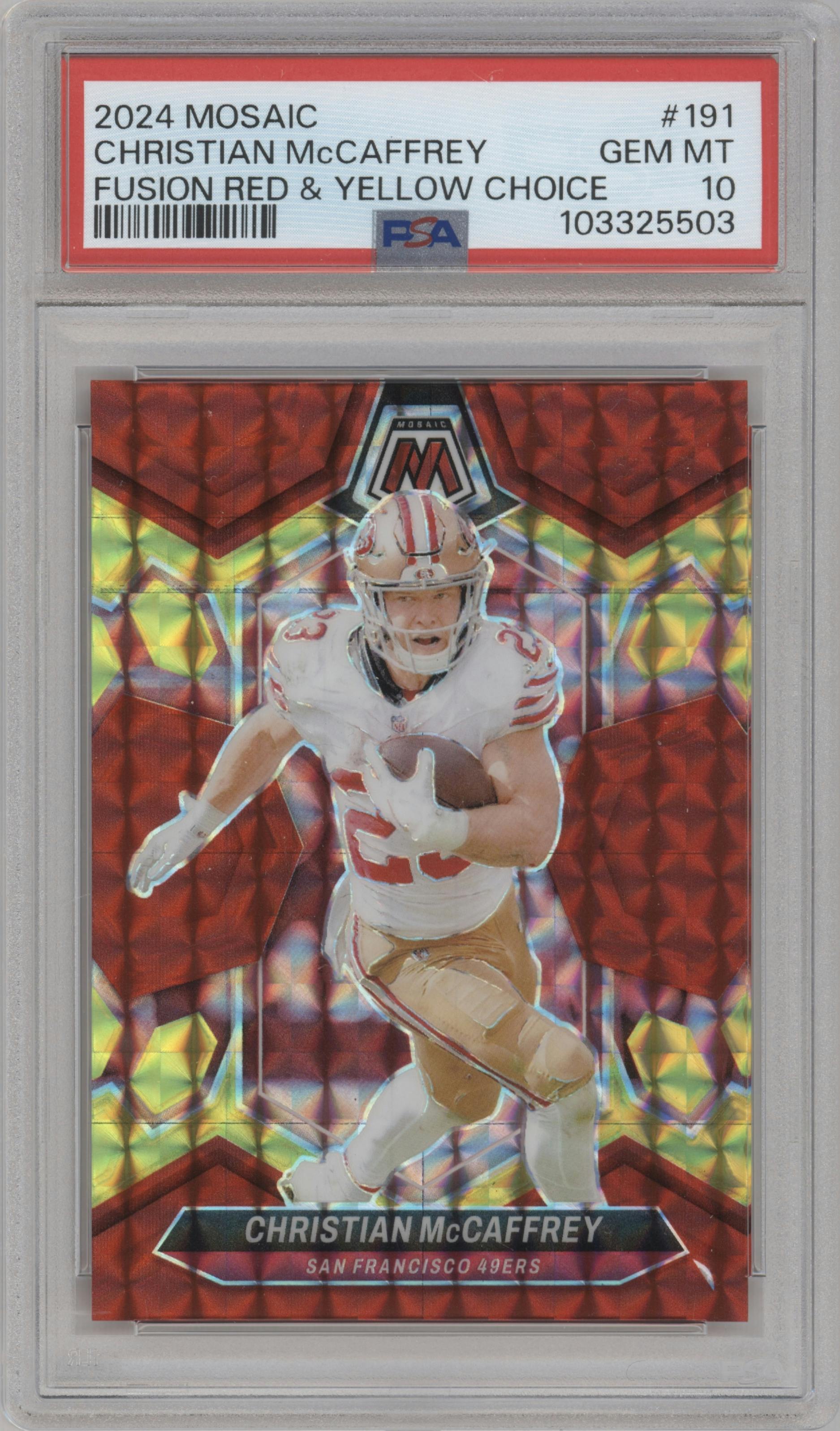 Christian McCaffrey from the 2024 Panini Mosaic set featuring a Choice Red/Yellow Fusion parallel graded by PSA and given an overall grade of 10.