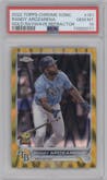 Randy Arozarena from the 2022 Topps Chrome Sonic  set featuring a Gold RayWave parallel graded by PSA and given an overall grade of 10.