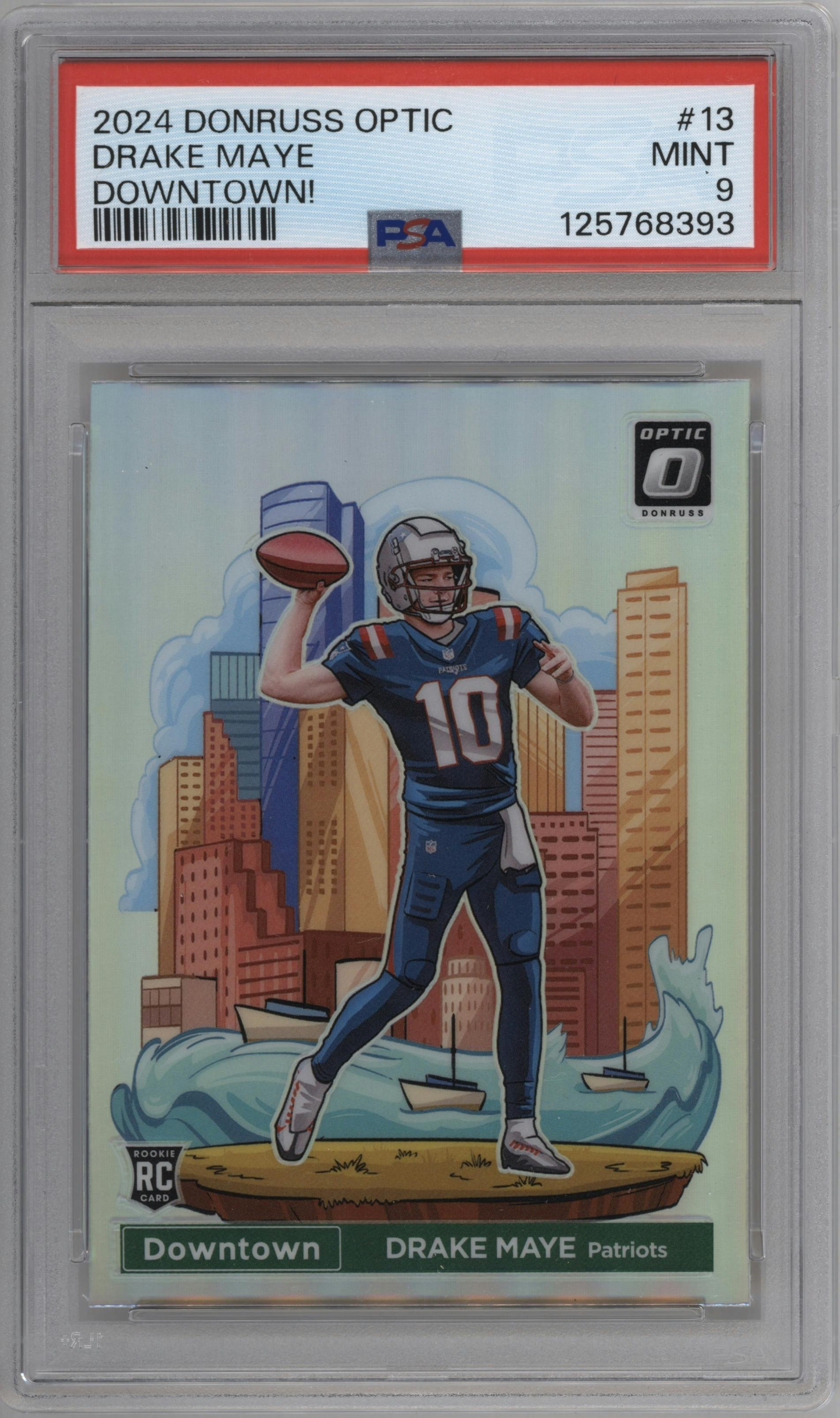 Drake Maye from the 2024 Donruss Optic set graded by PSA and given an overall grade of 9.
