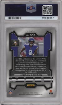 Jordan Addison from the 2023 Panini Prizm set featuring a Green Wave  parallel graded by PSA and given an overall grade of 10.