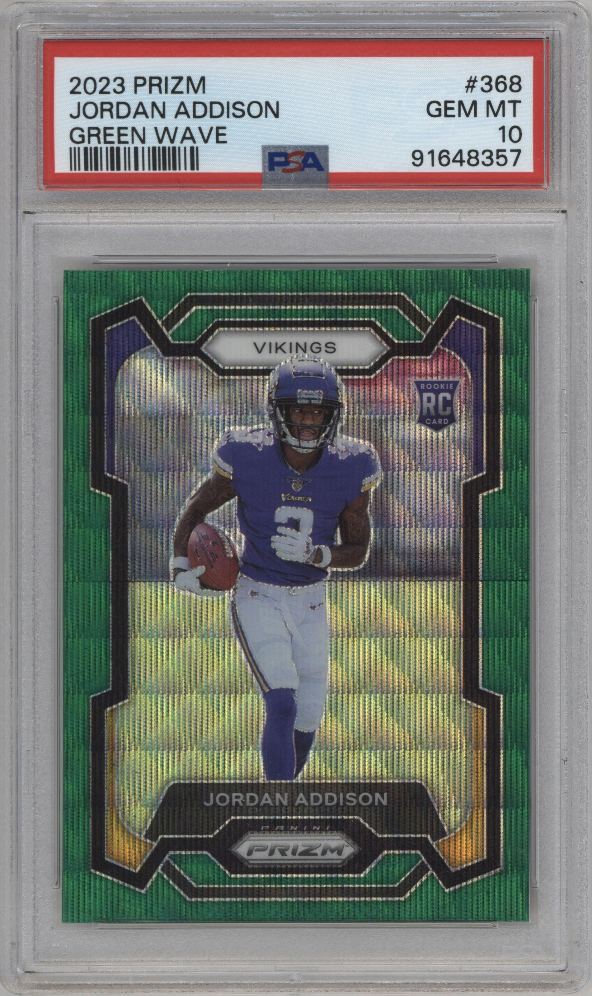 Jordan Addison from the 2023 Panini Prizm set featuring a Green Wave  parallel graded by PSA and given an overall grade of 10.