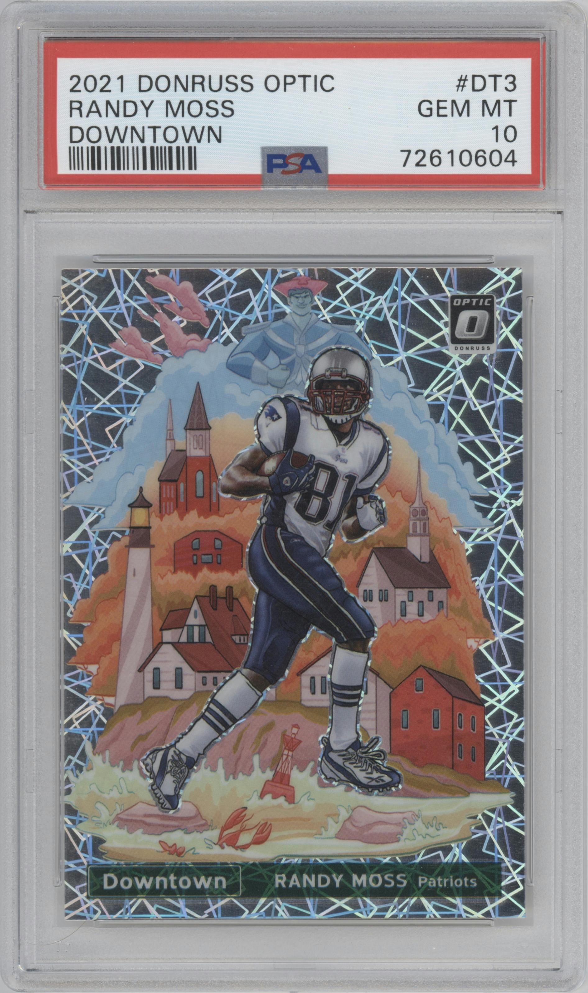 Randy Moss from the 2021 Panini Donruss Optic set graded by PSA and given an overall grade of 10.