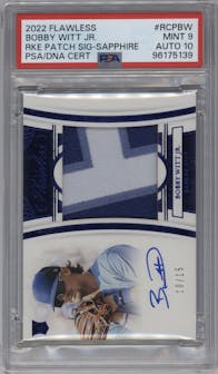 Bobby Witt Jr. from the 2022 Panini Flawless set featuring a Sapphire parallel graded by PSA and given an overall grade of 9.