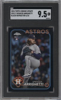 Spencer Arrighetti from the 2024 Topps Chrome Update set featuring a Black Refractor parallel graded by SGC and given an overall grade of 9.5.