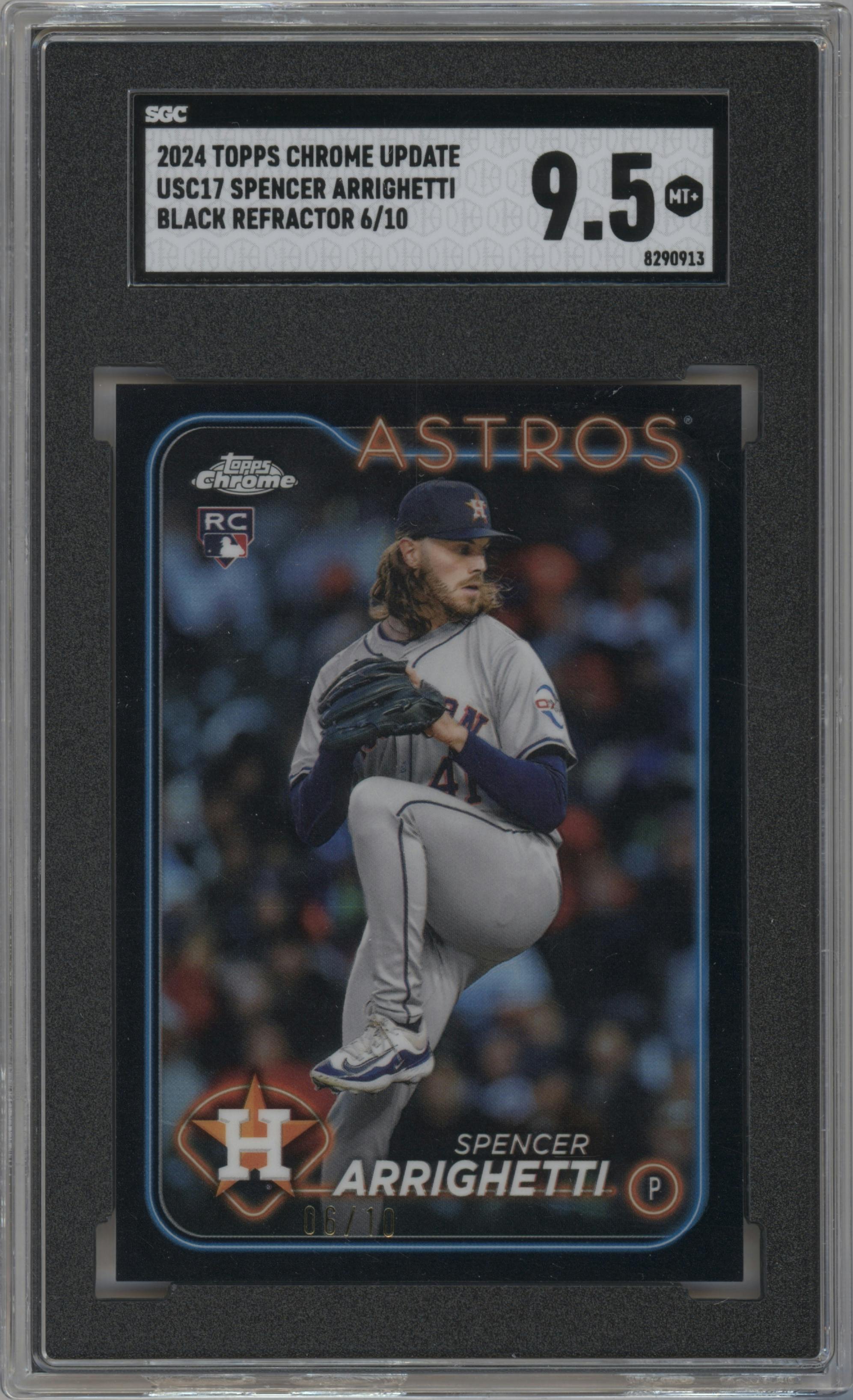 Spencer Arrighetti from the 2024 Topps Chrome Update set featuring a Black Refractor parallel graded by SGC and given an overall grade of 9.5.