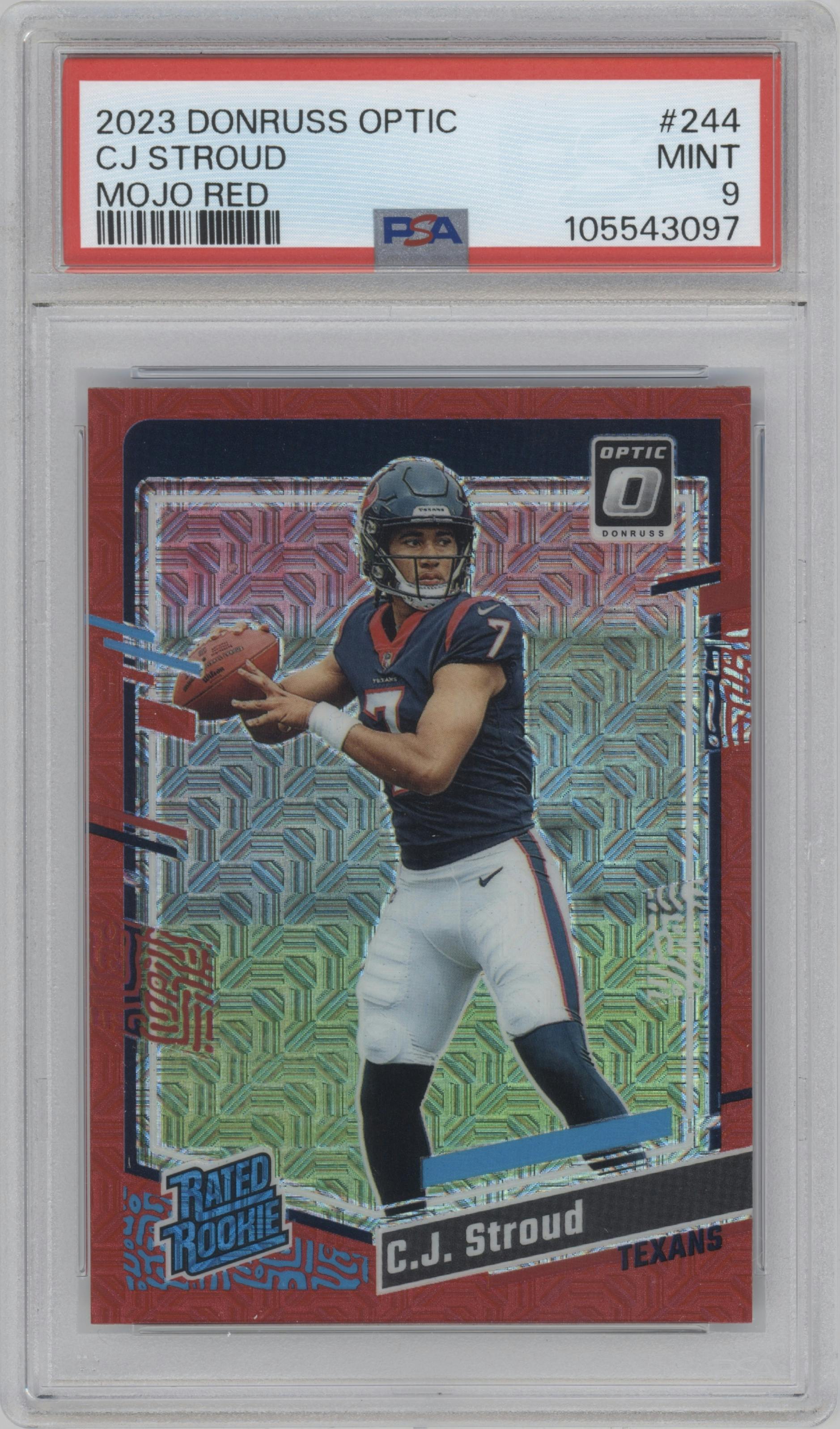 C.J. Stroud from the 2023 Donruss Optic set featuring a Red Mojo  parallel graded by PSA and given an overall grade of 9.