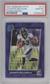 Javonte Williams from the 2021 Panini Donruss Optic set featuring a Purple Shock parallel graded by PSA and given an overall grade of 10.