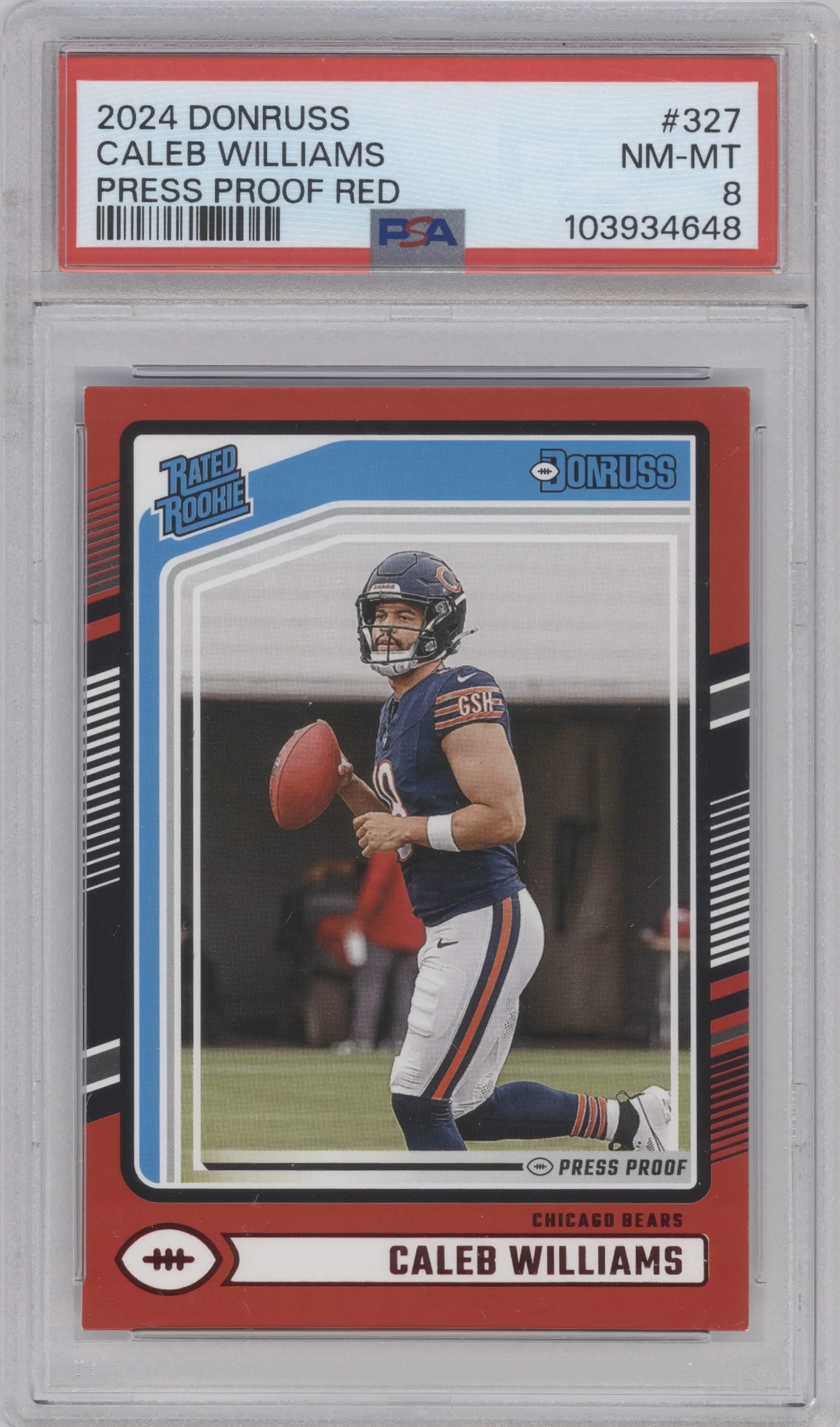 Caleb Williams from the 2024 Donruss set featuring a Press Proof Red parallel graded by PSA and given an overall grade of 8.