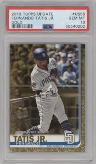 Fernando Tatis Jr. from the 2019 Topps Update  set featuring a Gold parallel graded by PSA and given an overall grade of 10.