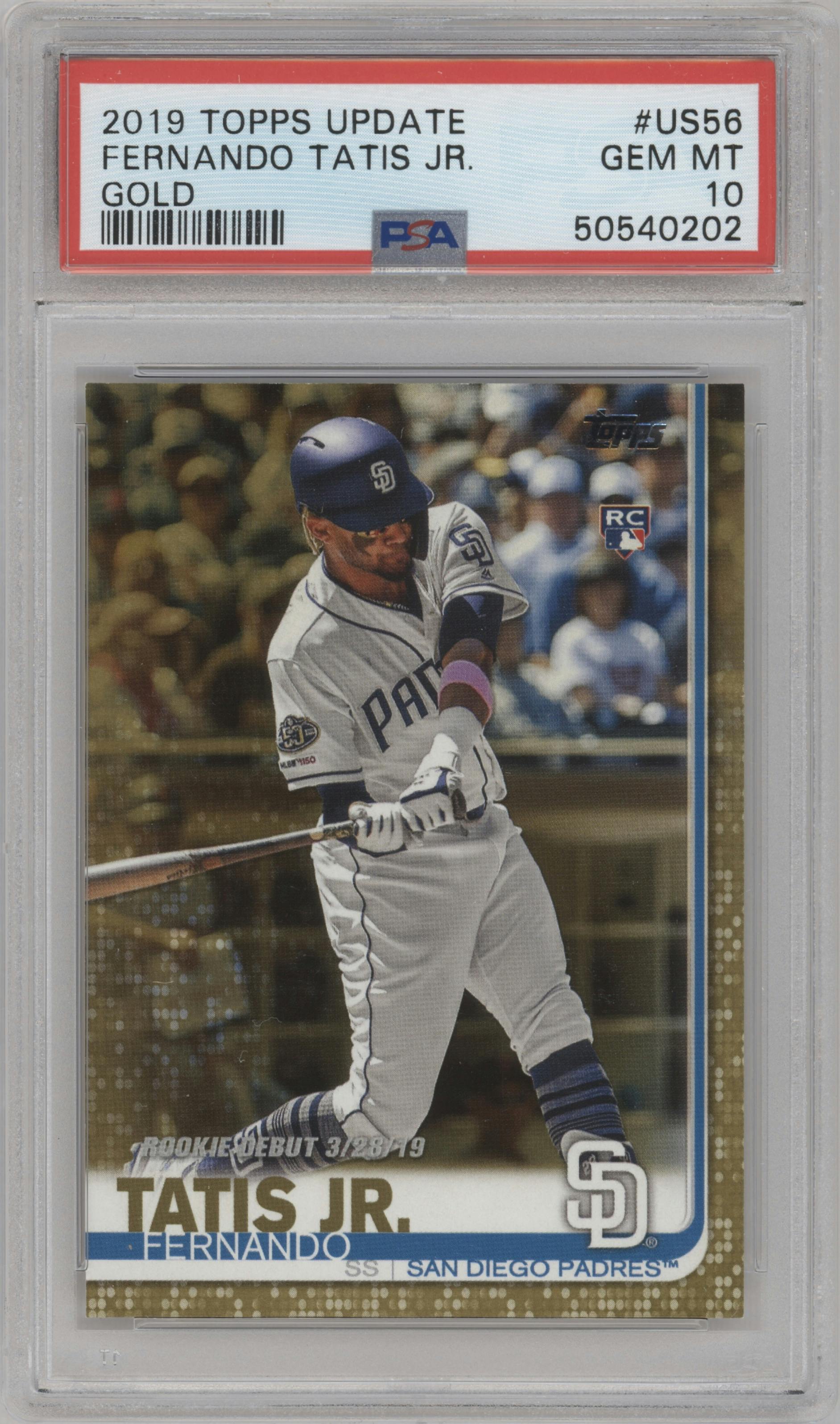Fernando Tatis Jr. from the 2019 Topps Update  set featuring a Gold parallel graded by PSA and given an overall grade of 10.